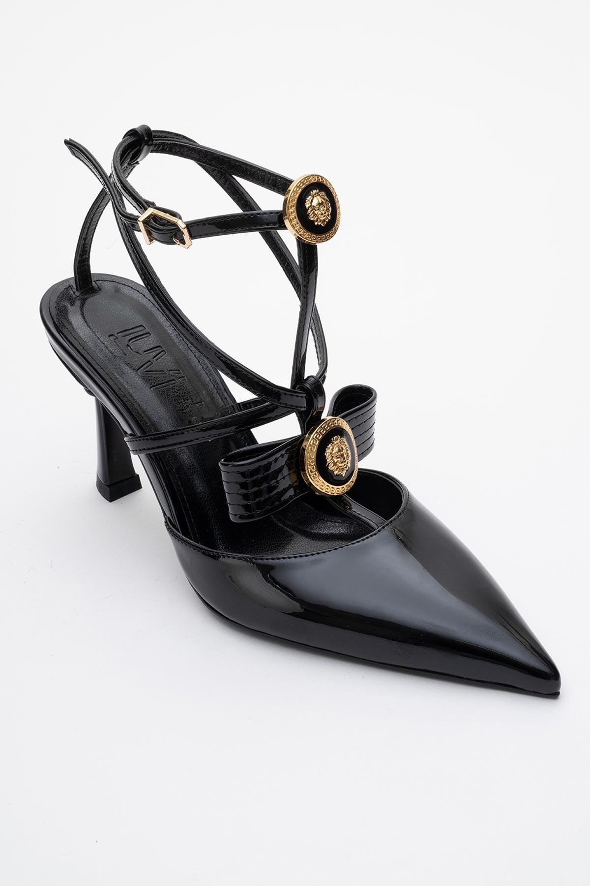 Peal - Black Patent Heeled Shoe – heel view showing leather, black, SimmiUnique