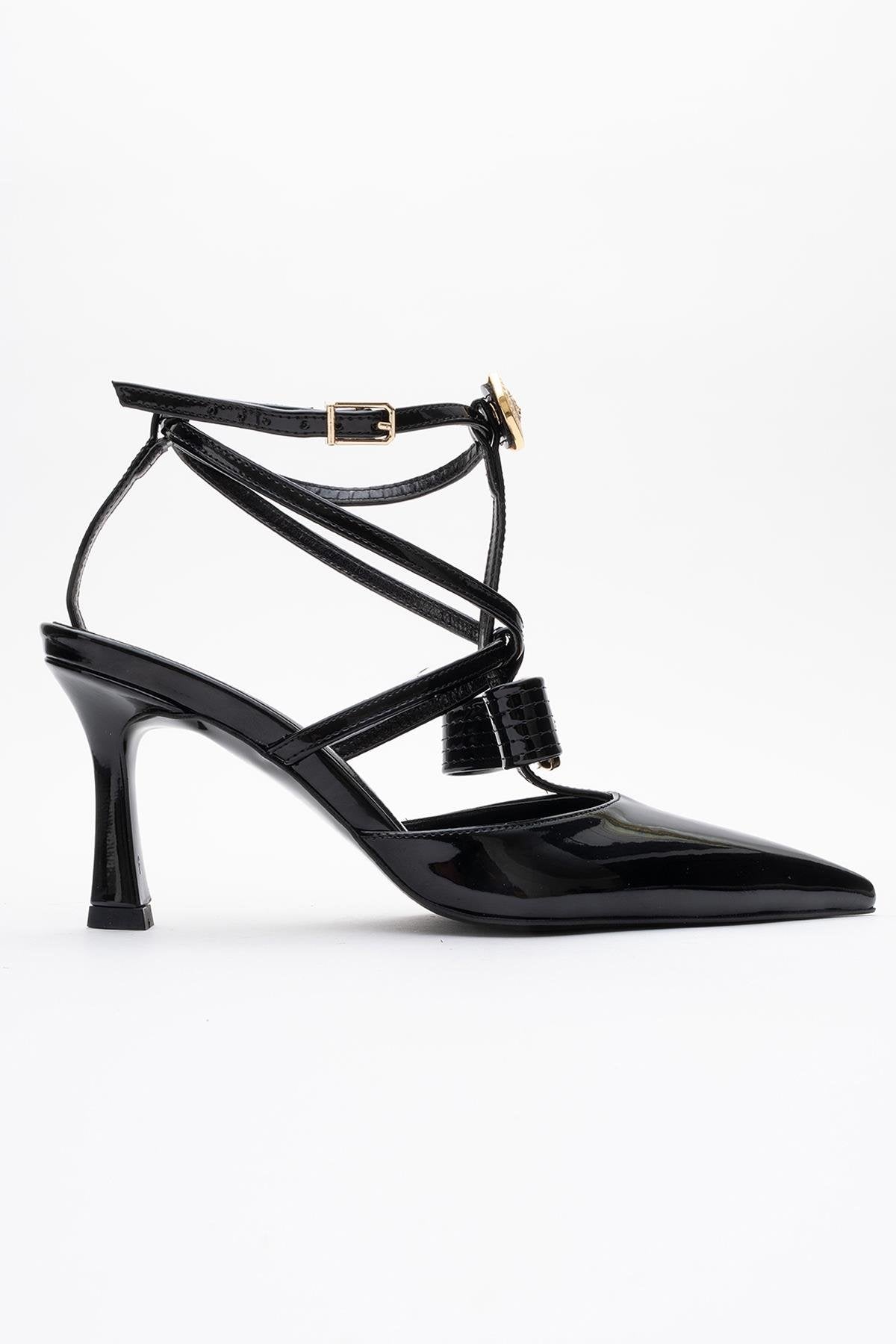 Peal - Black Patent Heeled Shoe – sole view showing leather, black, SimmiUnique