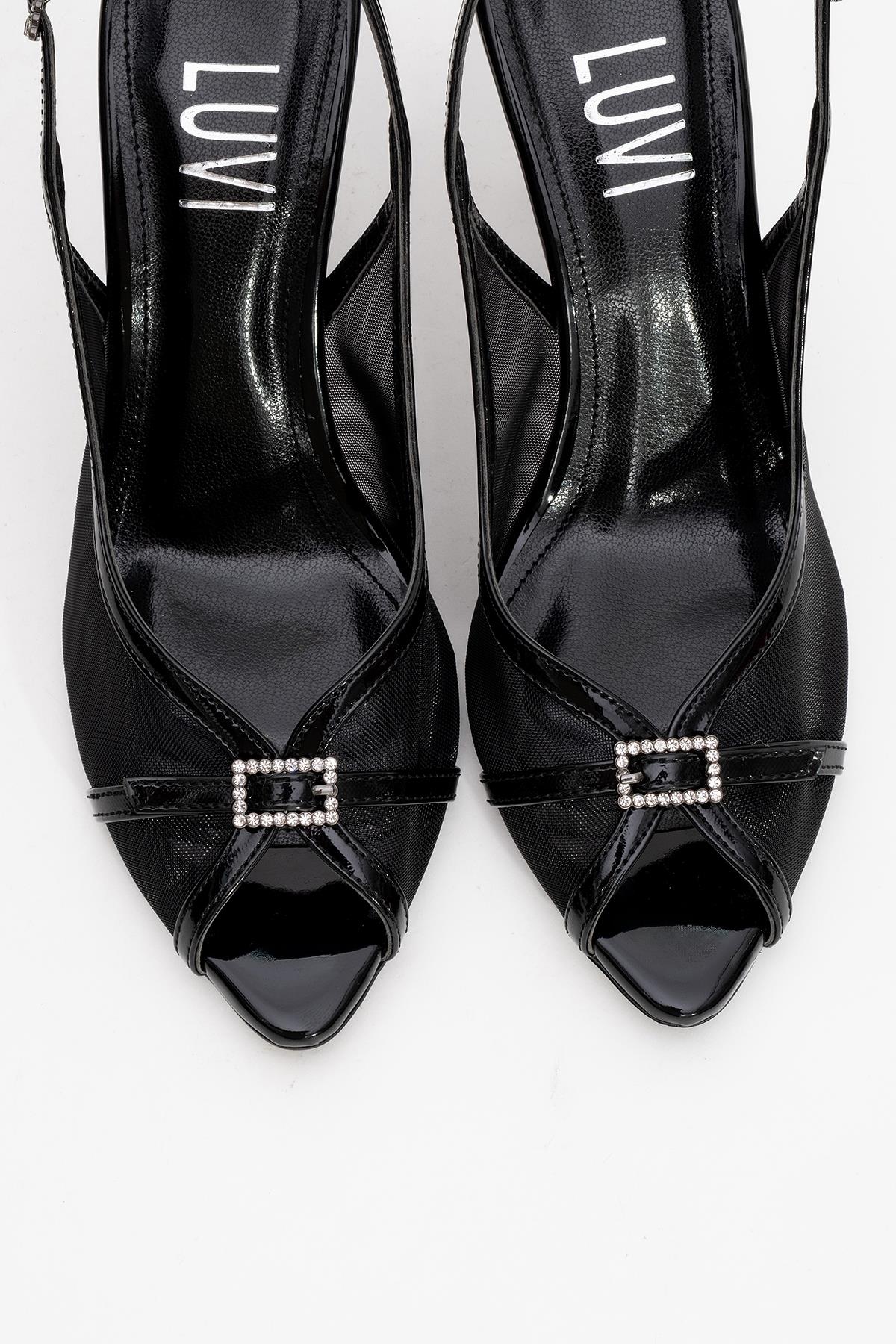 Elyse - Black High-Heel Evening Shoe – side view showing leather, mesh, black, SimmiUnique