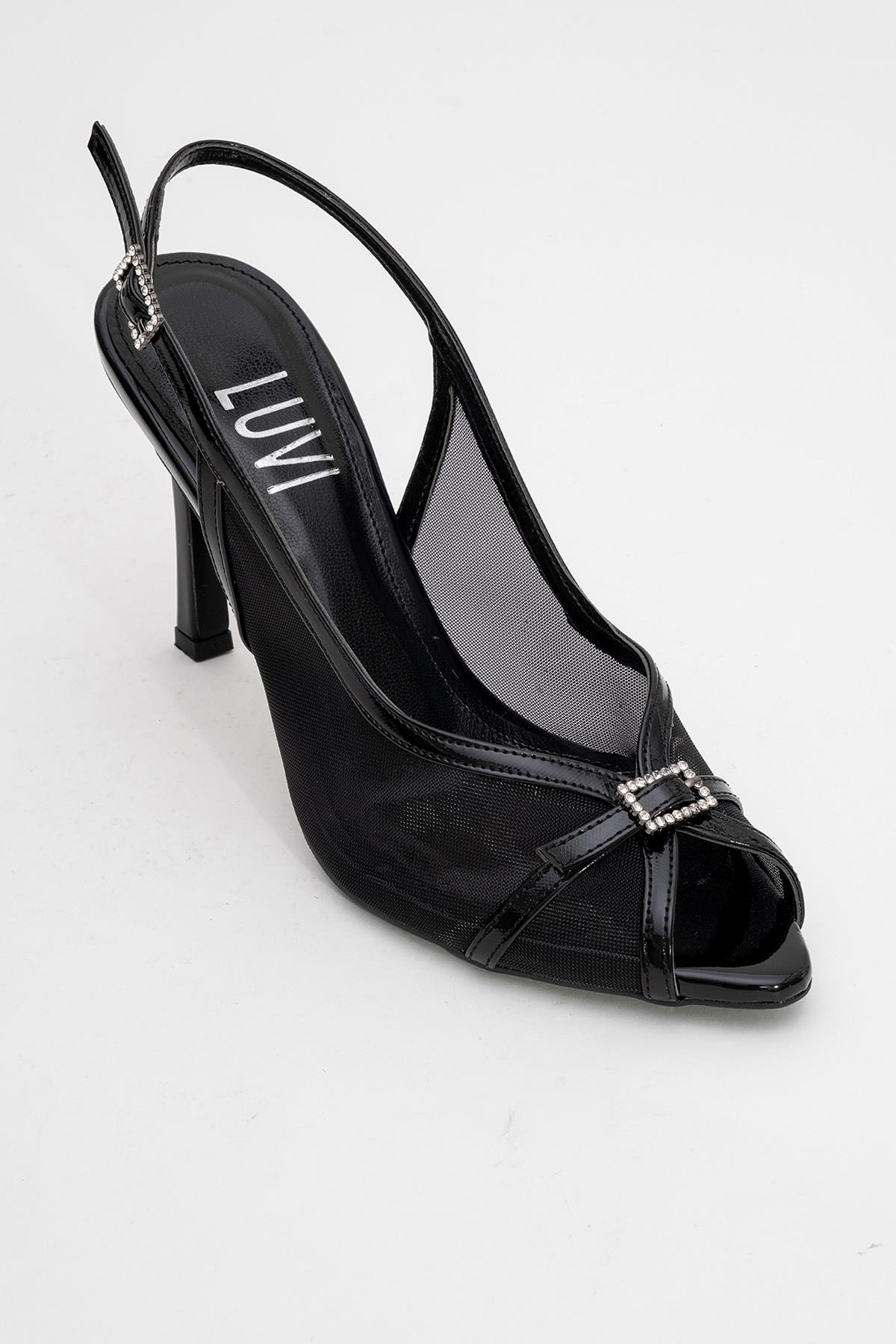 Elyse - Black High-Heel Evening Shoe – detail view showing leather, mesh, black, SimmiUnique