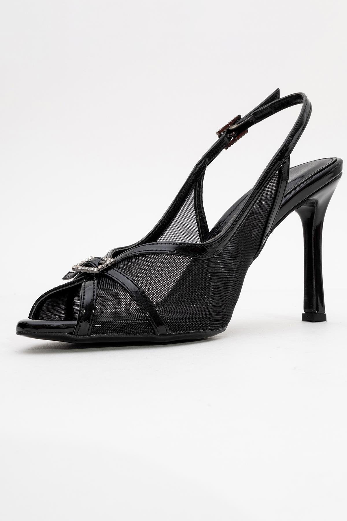 Elyse - Black High-Heel Evening Shoe – heel view showing leather, mesh, black, SimmiUnique