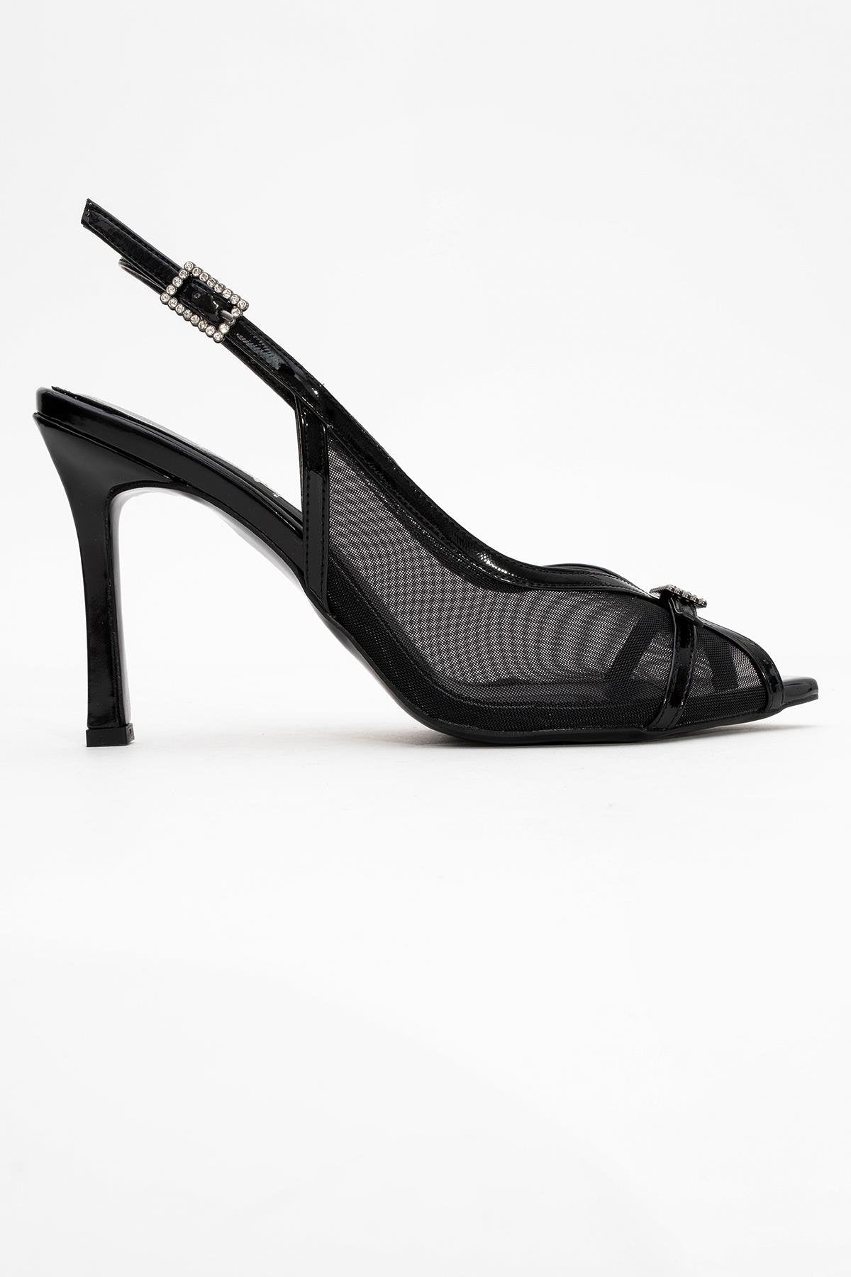 Elyse - Black High-Heel Evening Shoe – top view showing leather, mesh, black, SimmiUnique