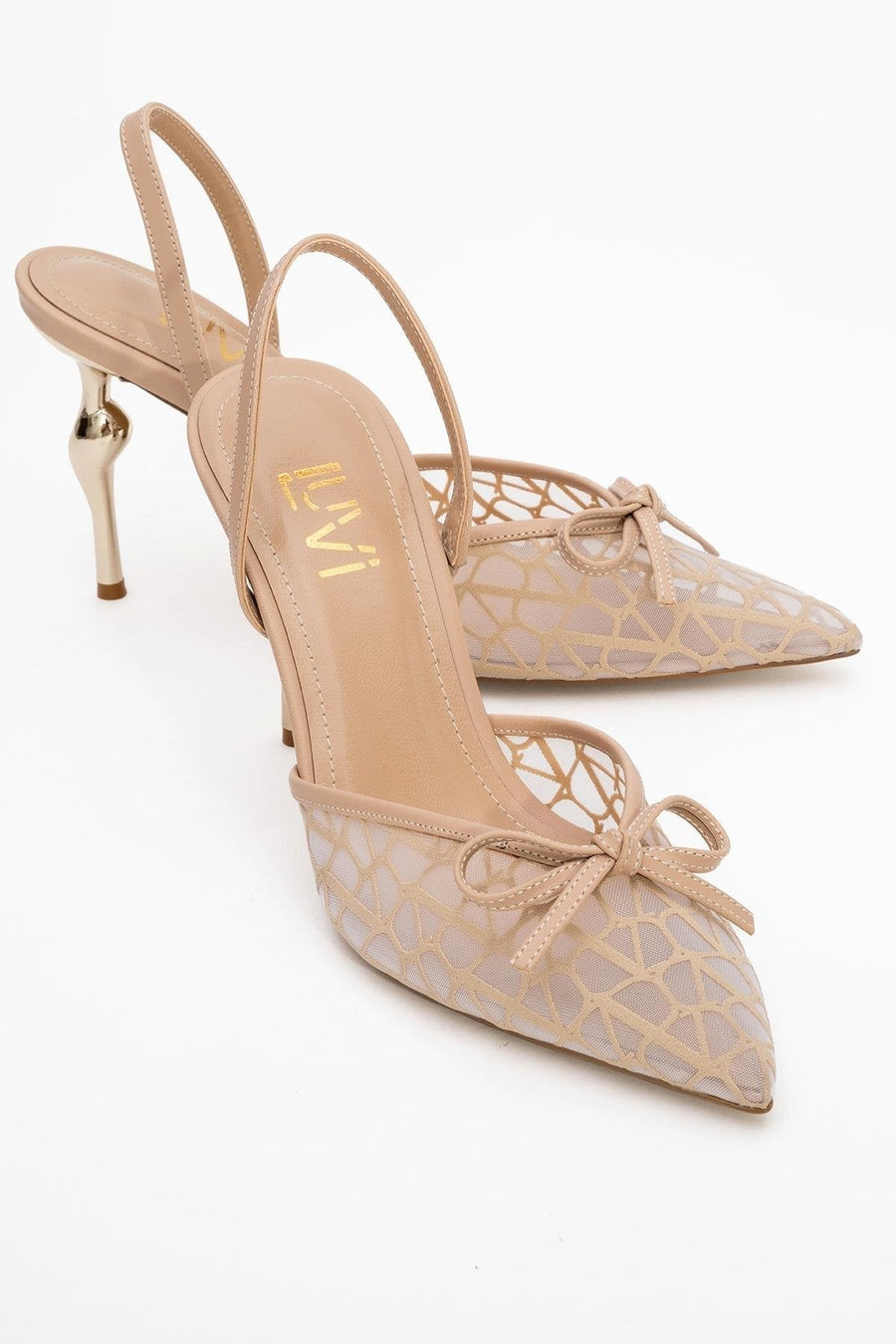 Peony - Beige Mesh Bow Pointed Toe Pump