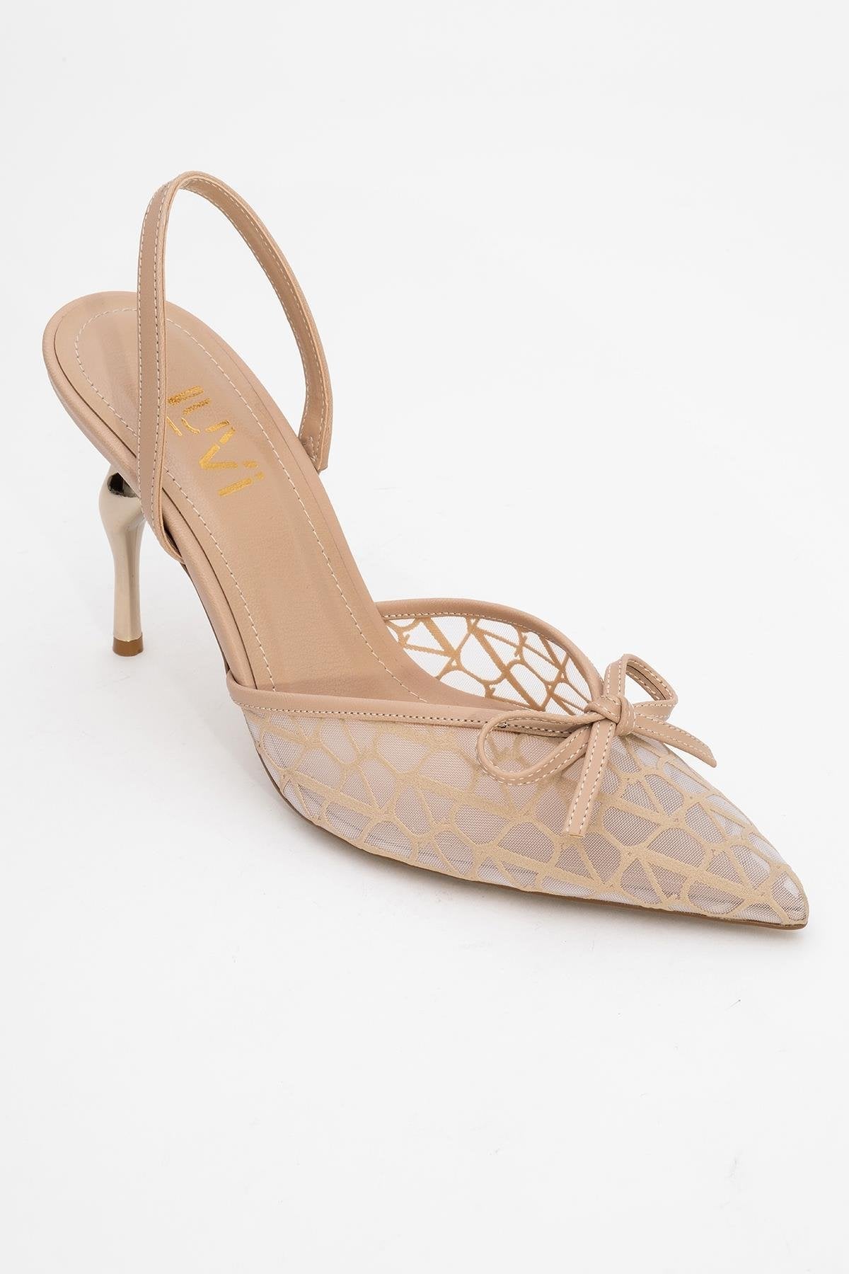 Peony - Beige Mesh Bow Pointed Toe Pump – detail view showing bow, leather, mesh, SimmiUnique