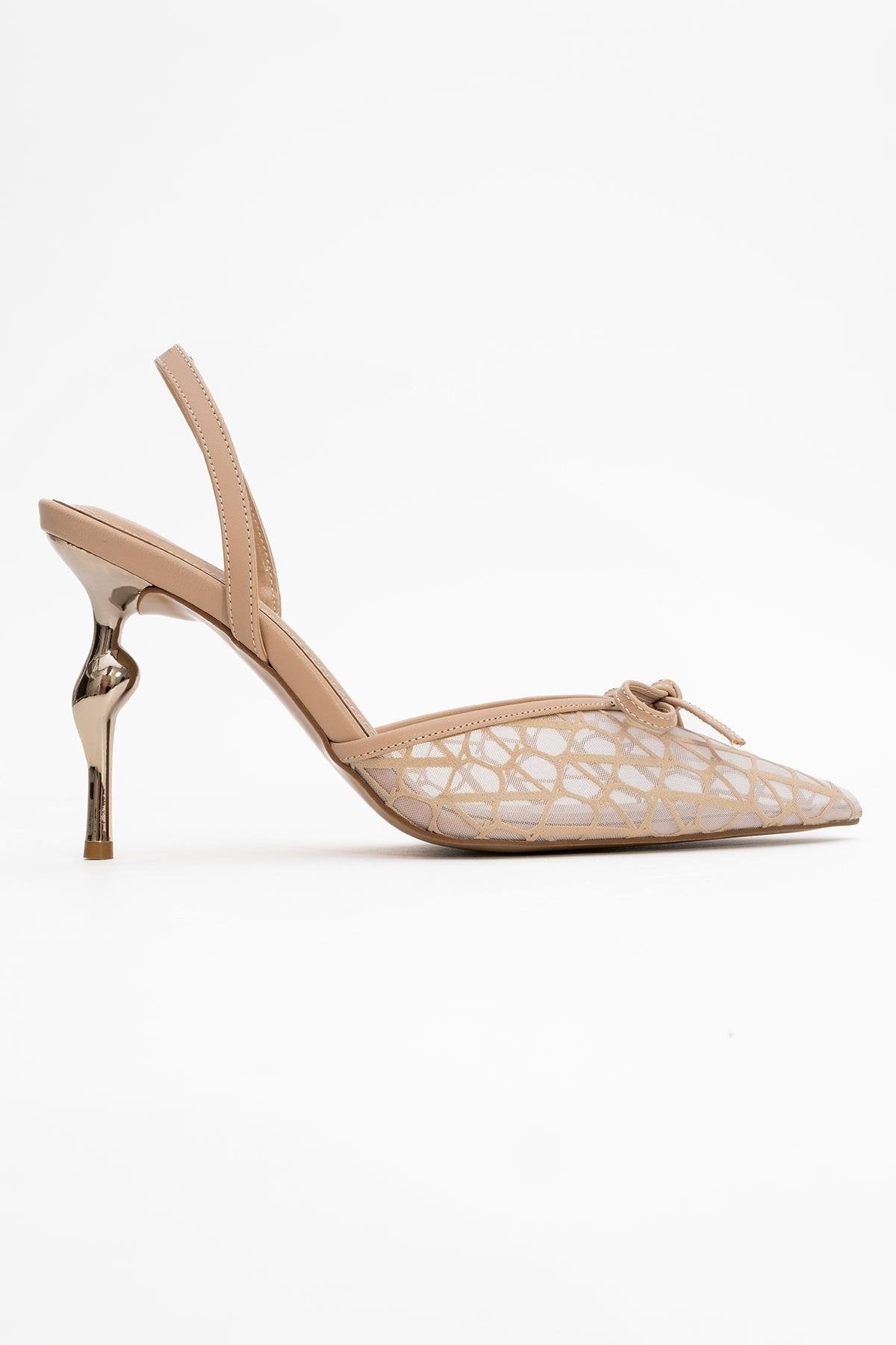 Peony - Beige Mesh Bow Pointed Toe Pump – top view showing bow, leather, mesh, SimmiUnique