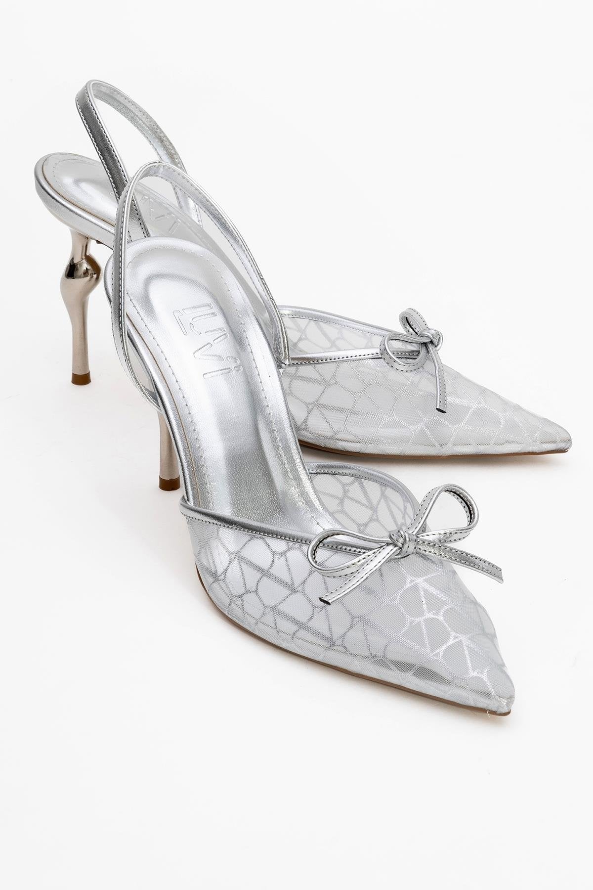 Peony - Silver Mesh Bow Pointed Toe Pump – front three-quarter view showing bow, leather, mesh, SimmiUnique