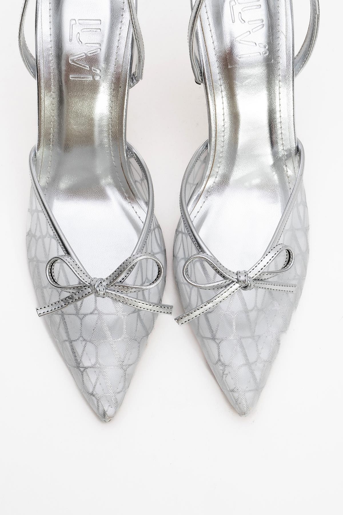 Peony - Silver Mesh Bow Pointed Toe Pump – side view showing bow, leather, mesh, SimmiUnique
