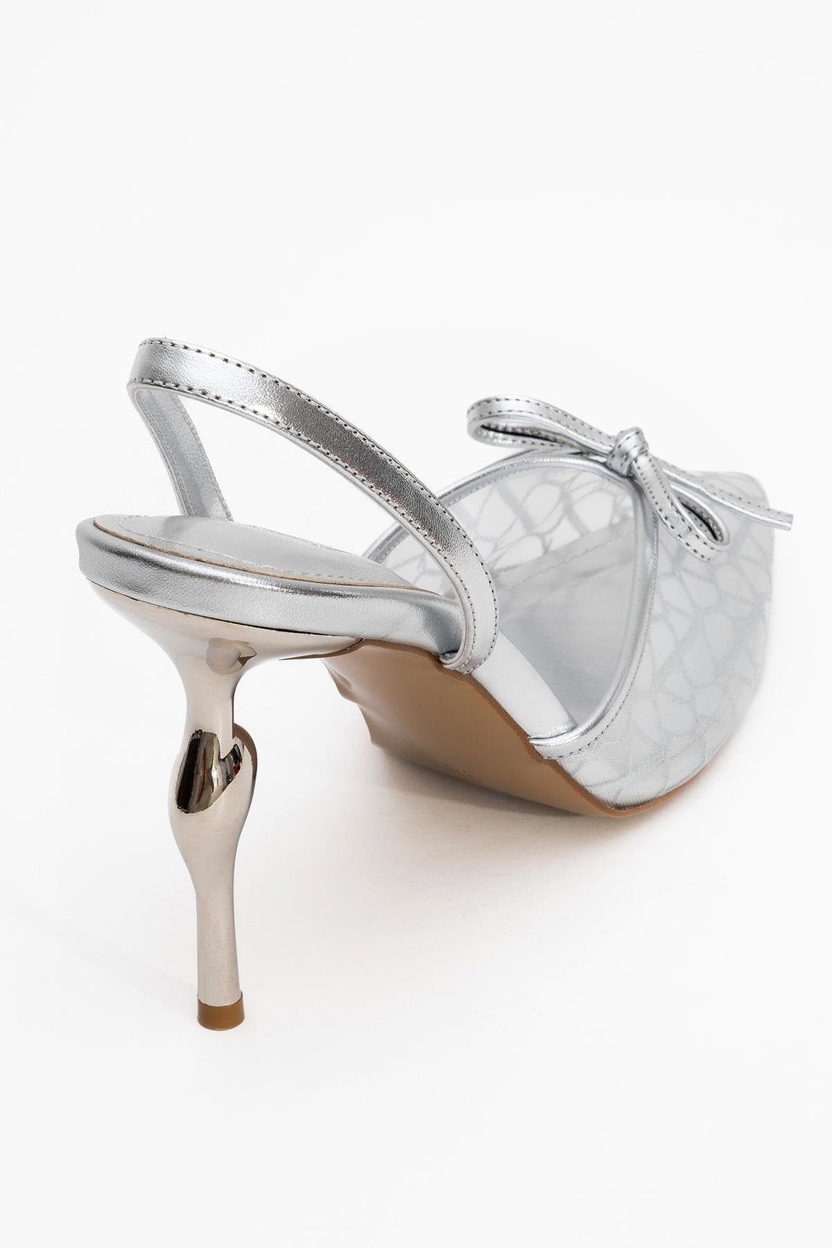Peony - Silver Mesh Bow Pointed Toe Pump – back view showing bow, leather, mesh, SimmiUnique