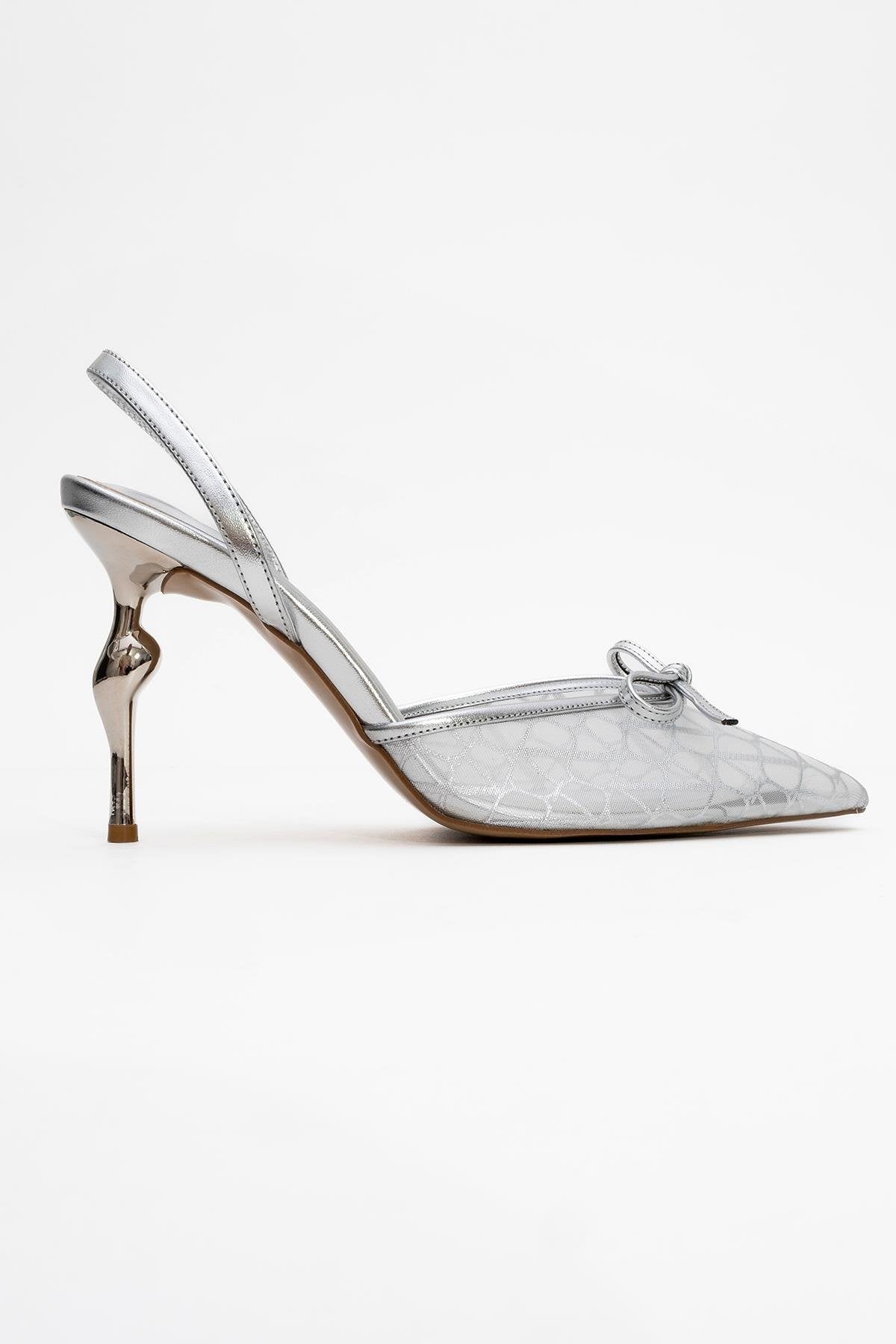 Peony - Silver Mesh Bow Pointed Toe Pump – top view showing bow, leather, mesh, SimmiUnique