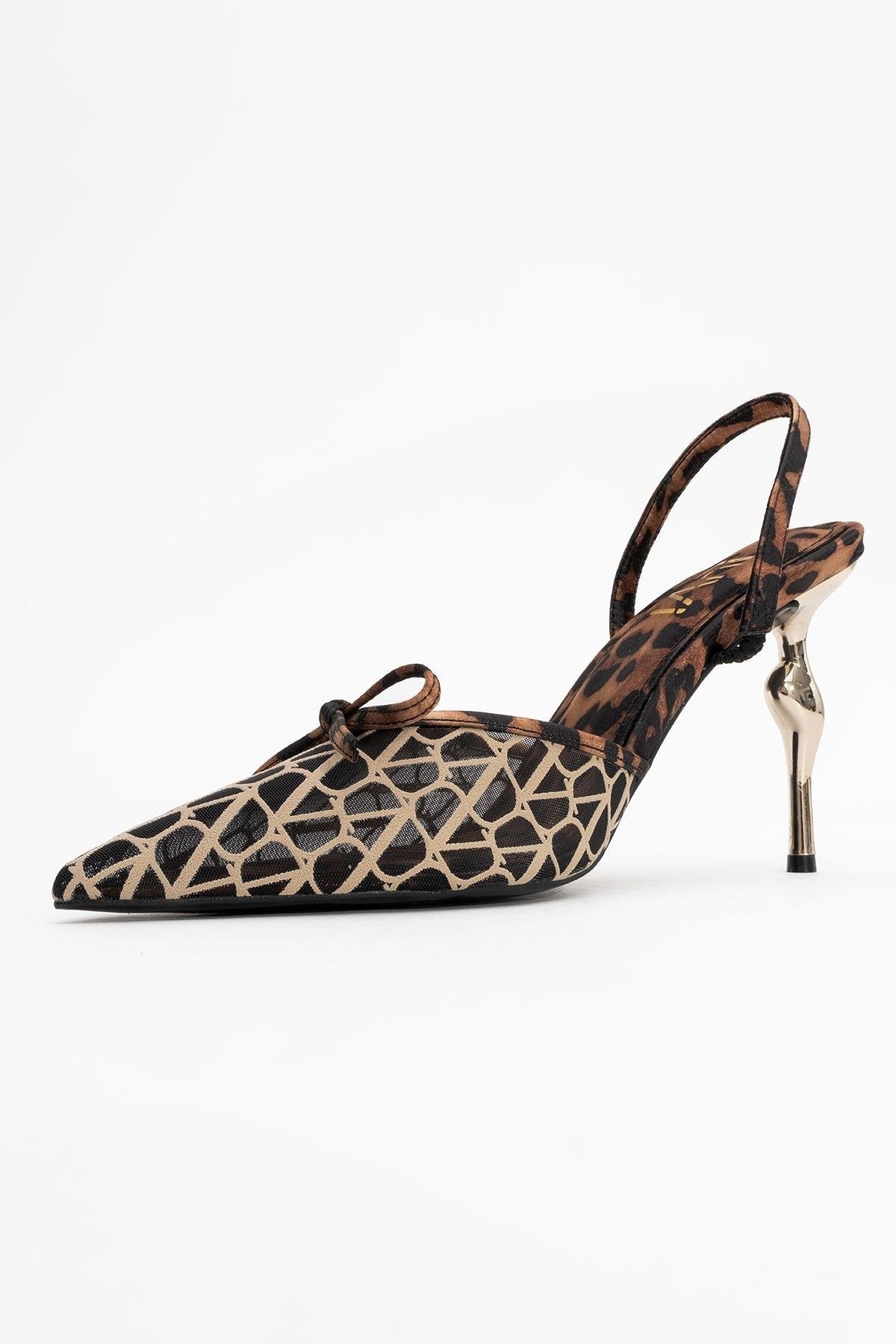 Peony - Black And Yellow Mesh Bow Pointed Toe Pump – heel view showing bow, mesh, black, SimmiUnique