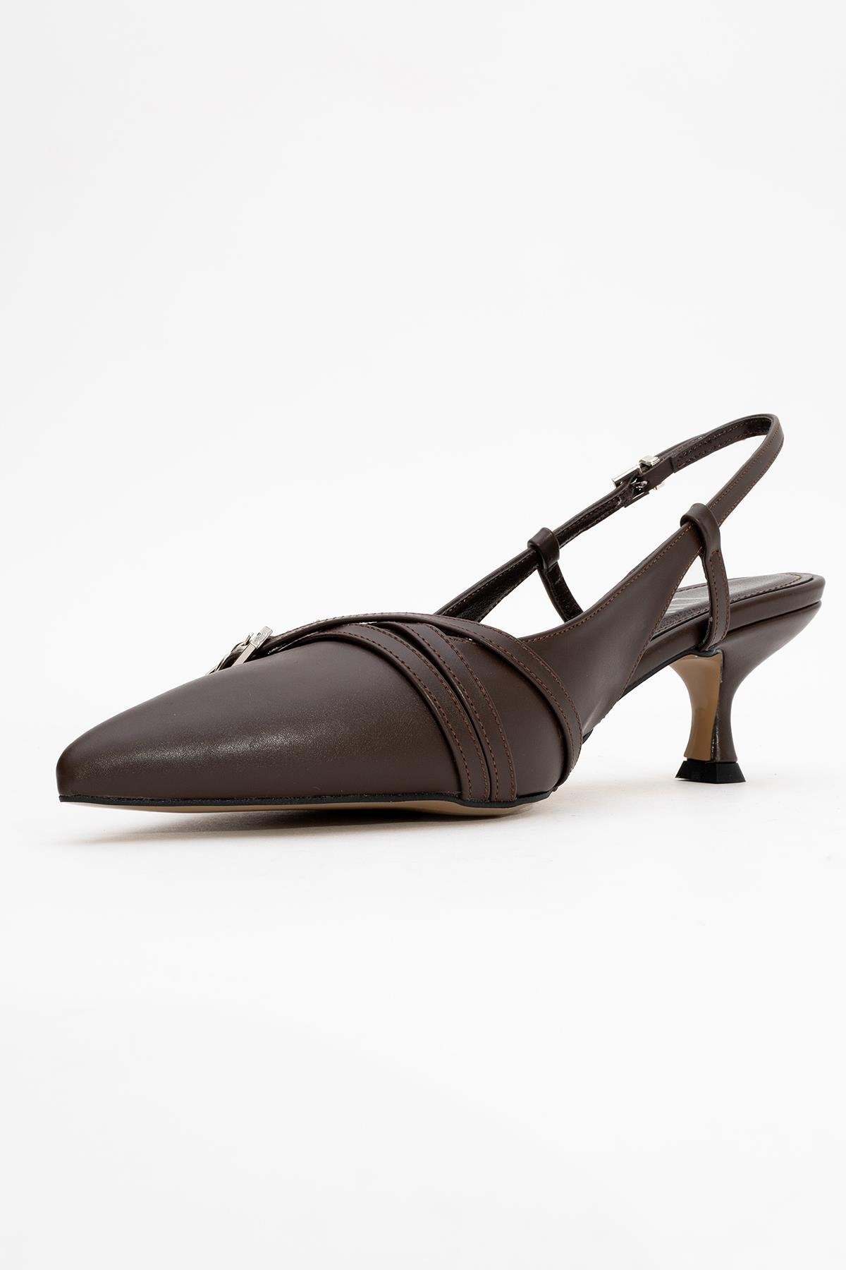 Woss - Brown Belt-Detail Heeled Shoe – heel view showing leather, SimmiUnique