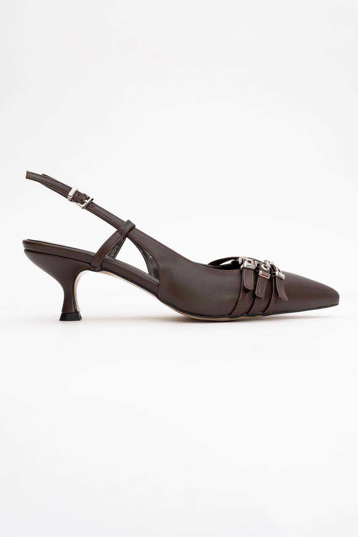 Woss - Brown Belt-Detail Heeled Shoe – top view showing leather, SimmiUnique
