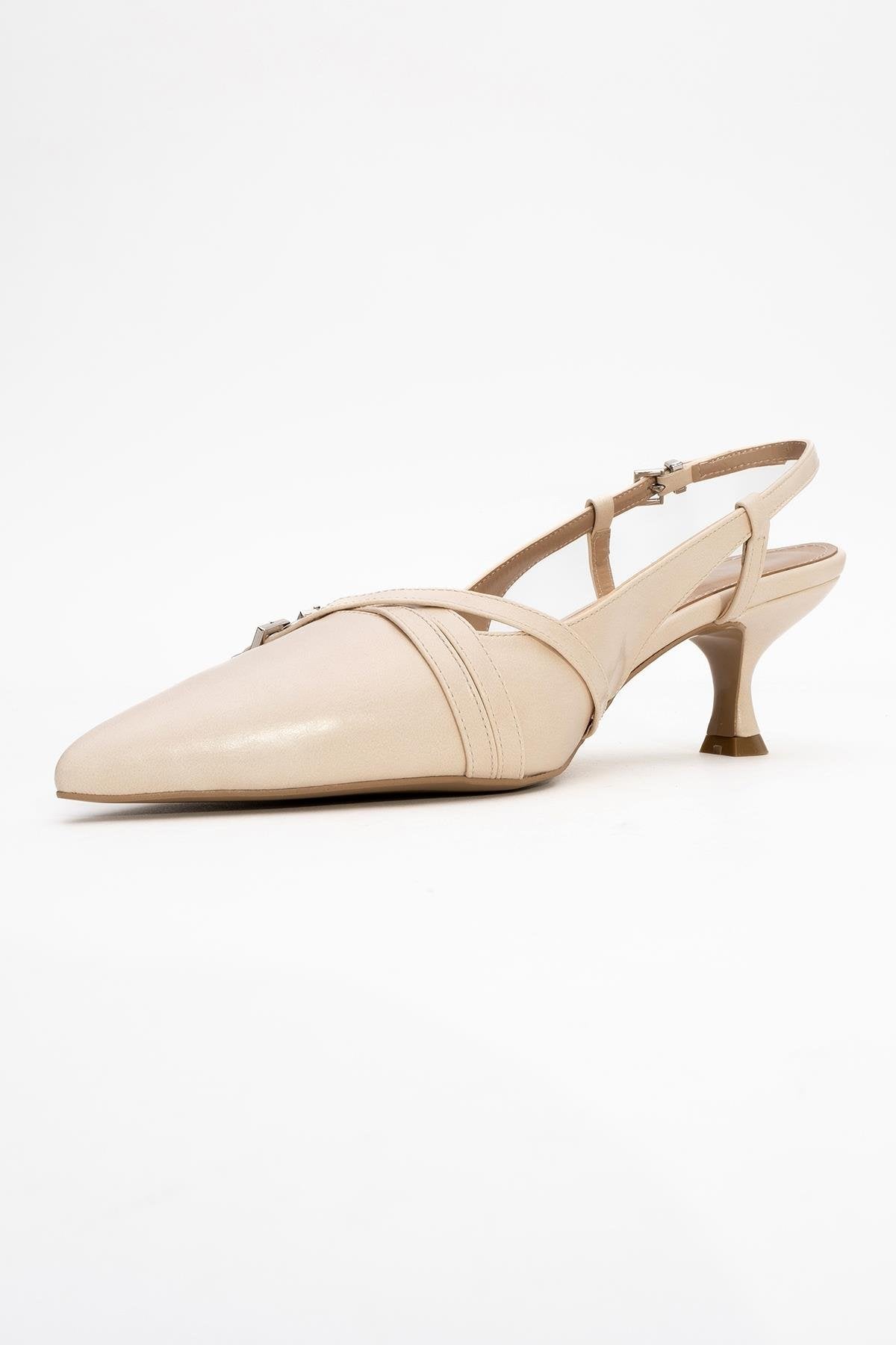 Woss - Beige Belt-Detail Heeled Shoe – heel view showing leather, SimmiUnique