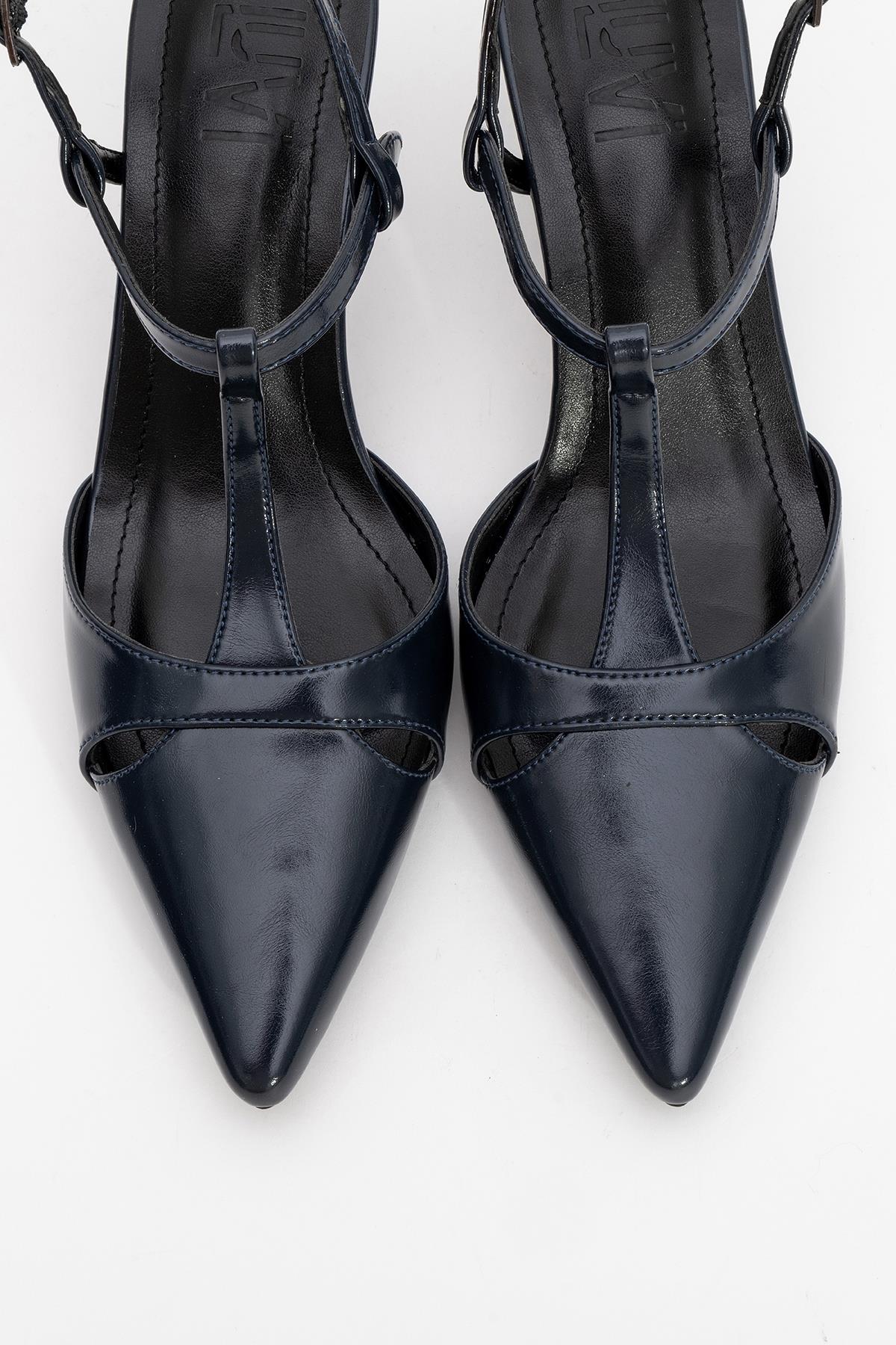 Abelia - Navy Stiletto Pump – side view showing leather, red, SimmiUnique