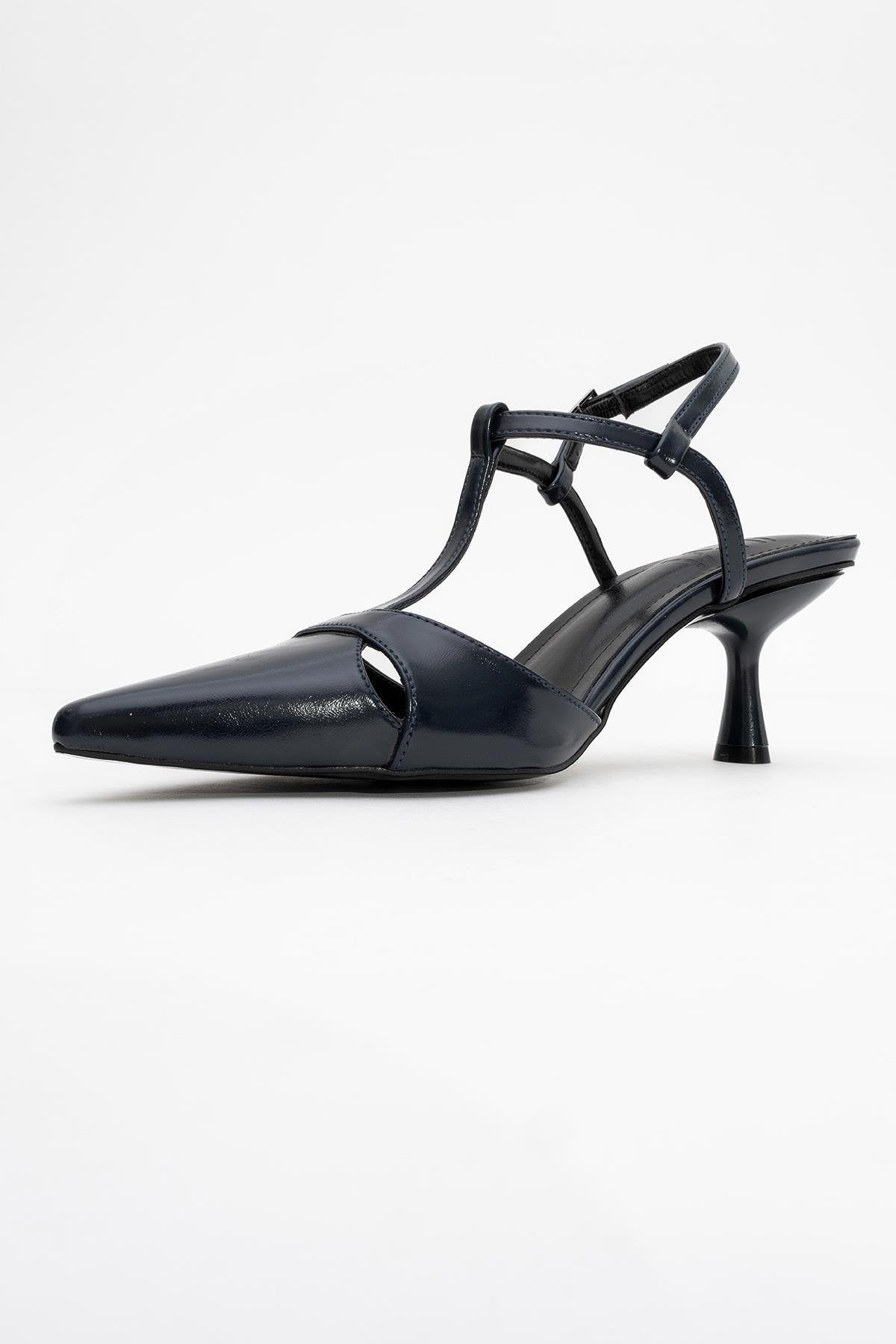 Abelia - Navy Stiletto Pump – heel view showing leather, red, SimmiUnique