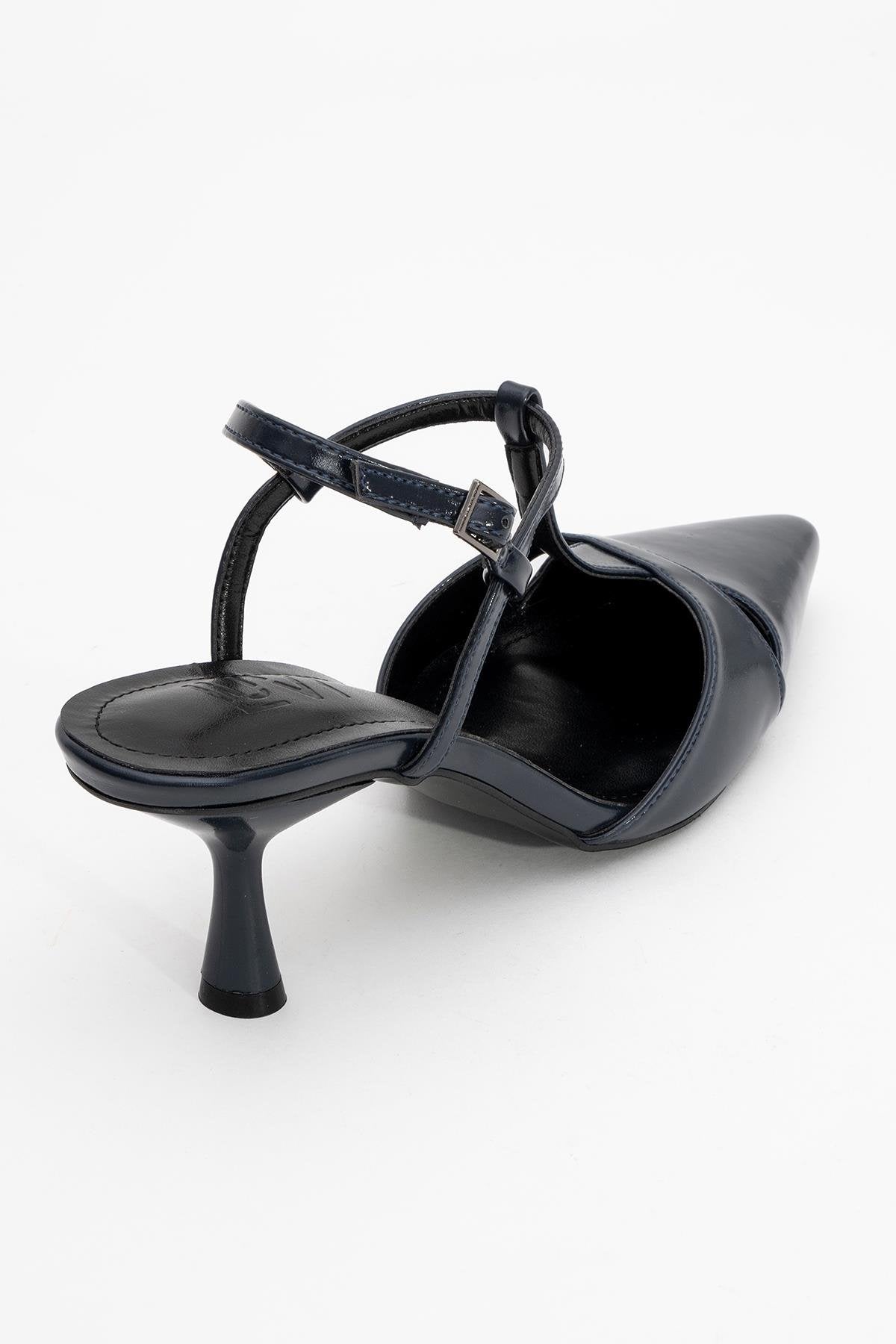 Abelia - Navy Stiletto Pump – back view showing leather, red, SimmiUnique