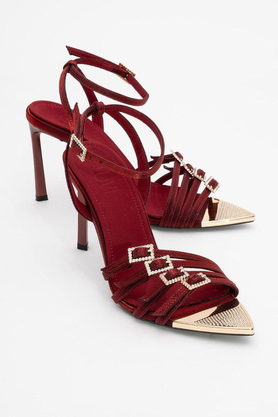 Auro - Burgundy Satin Embellished Buckled High Heel Pump