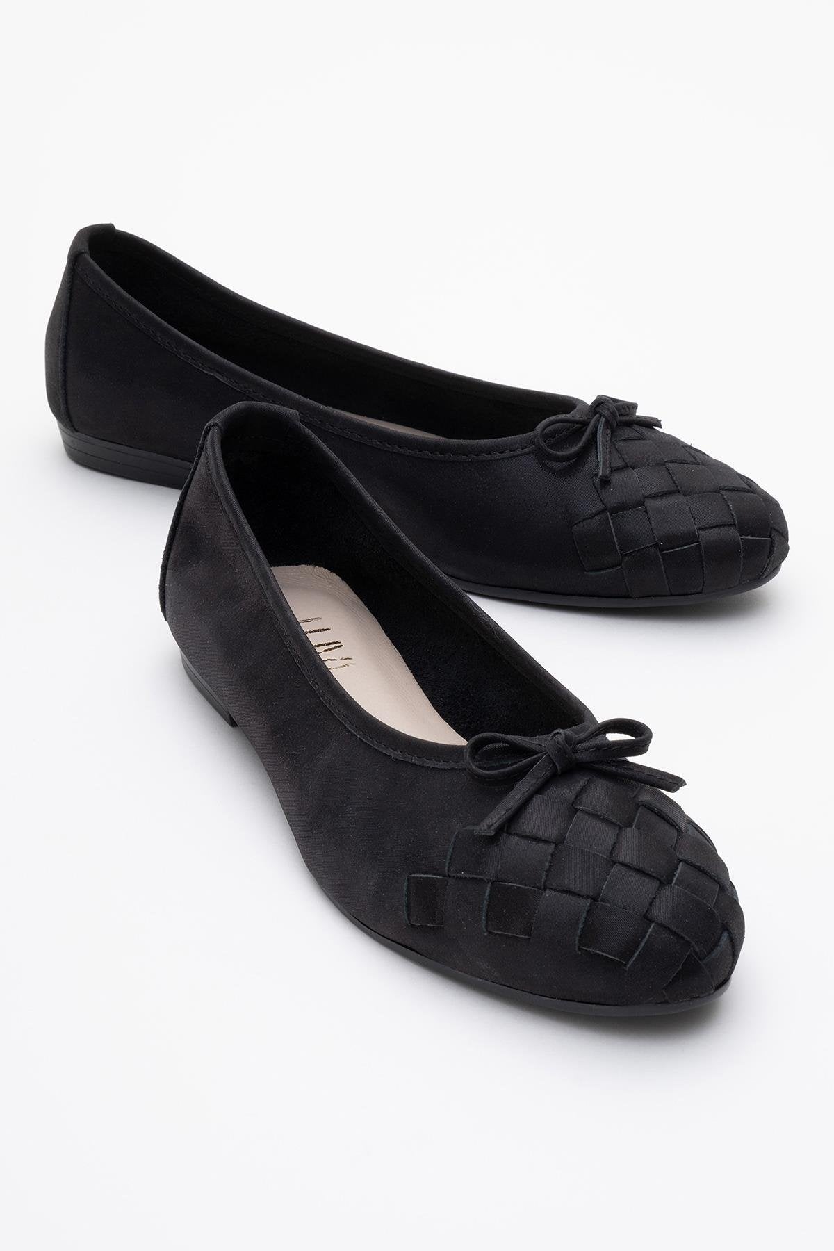 03 - Black Glitter Genuine Leather Ballet Flat – front three-quarter view showing leather, glitter, black, SimmiUnique