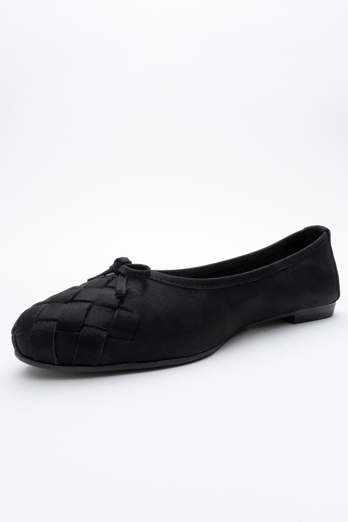 03 - Black Glitter Genuine Leather Ballet Flat – heel view showing leather, glitter, black, SimmiUnique