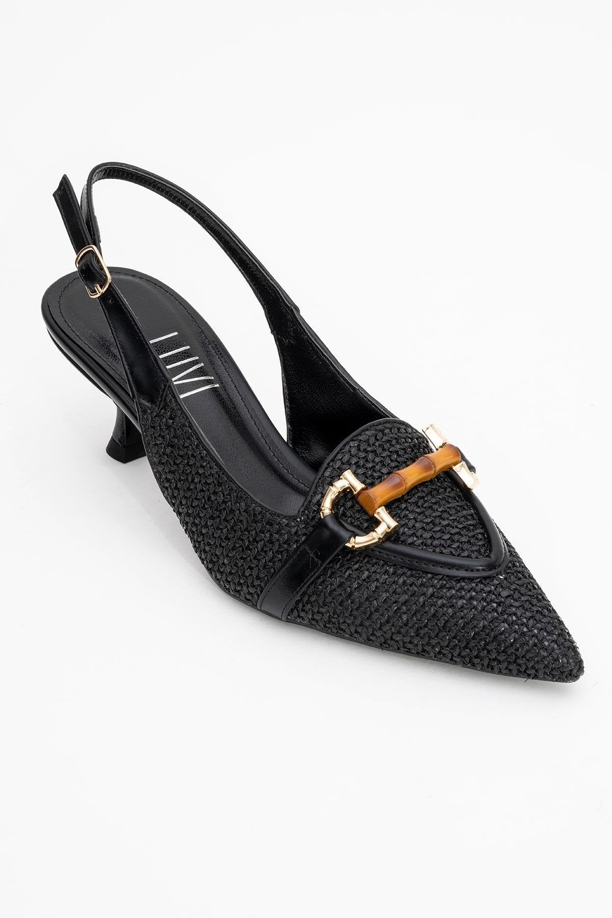 Osca - Black Pointed Toe Buckled Slingback Stiletto Pump – side view showing leather, black, SimmiUnique