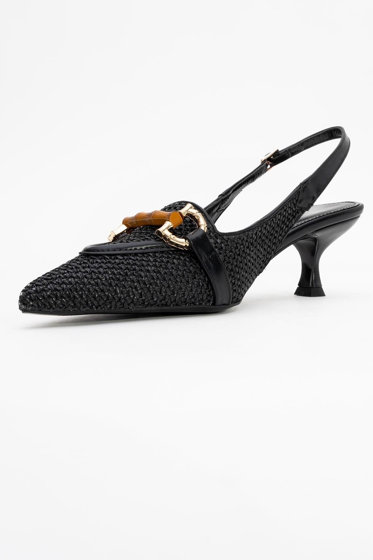 Osca - Black Pointed Toe Buckled Slingback Stiletto Pump – detail view showing leather, black, SimmiUnique