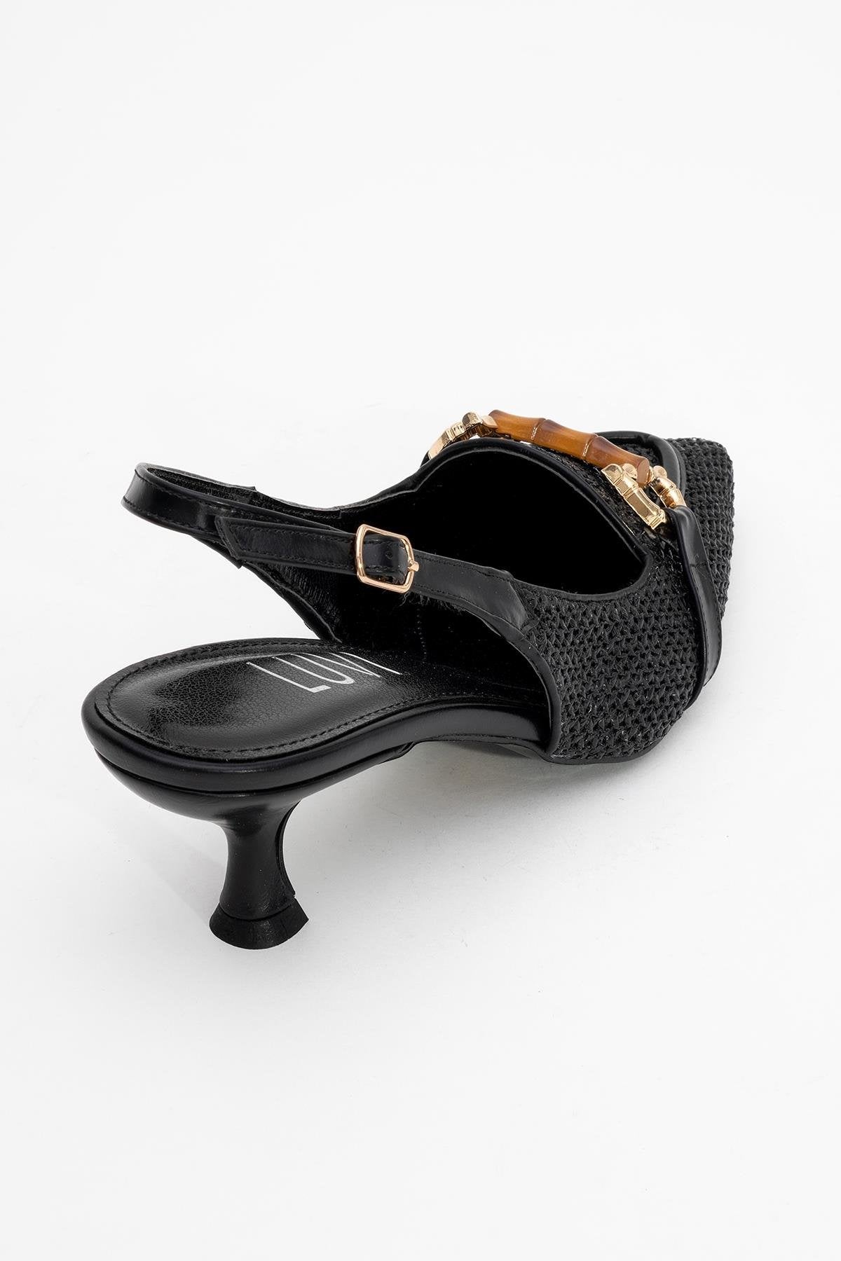 Osca - Black Pointed Toe Buckled Slingback Stiletto Pump – heel view showing leather, black, SimmiUnique