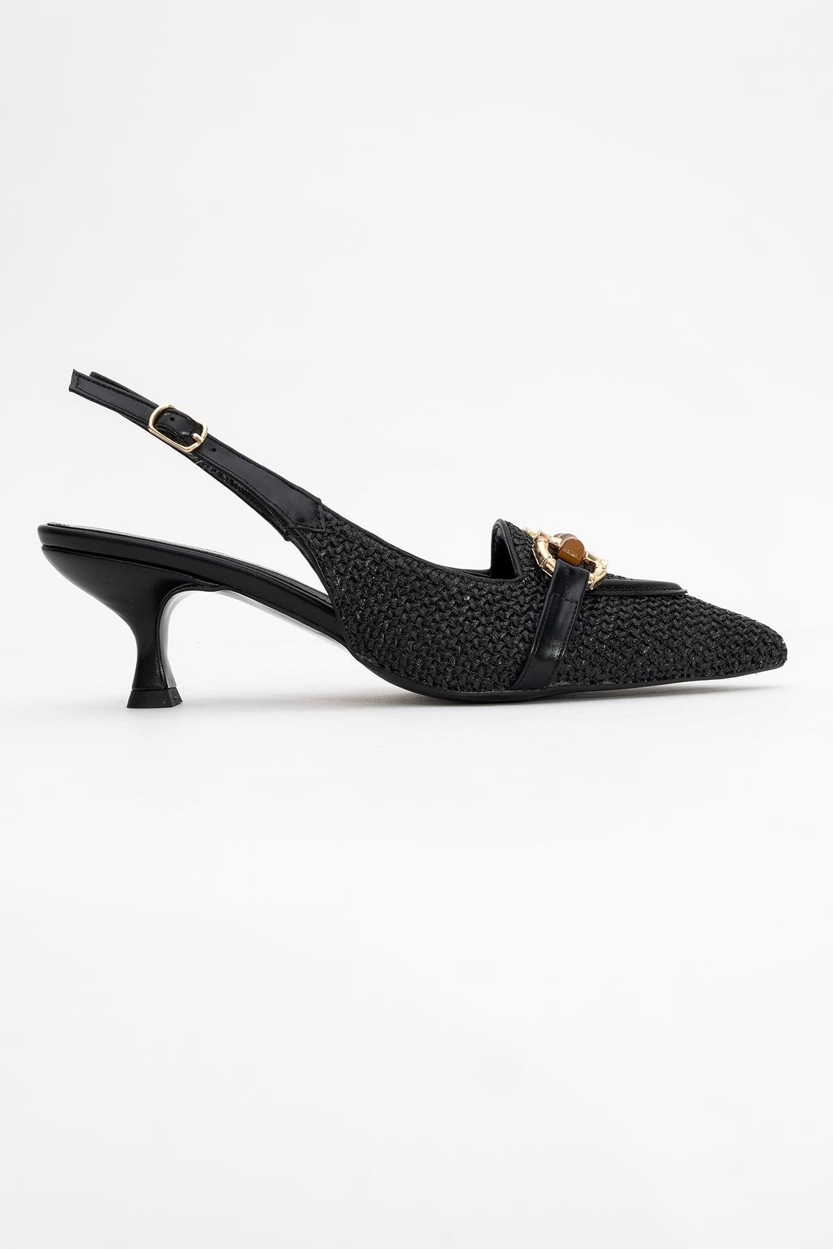 Osca - Black Pointed Toe Buckled Slingback Stiletto Pump – back view showing leather, black, SimmiUnique