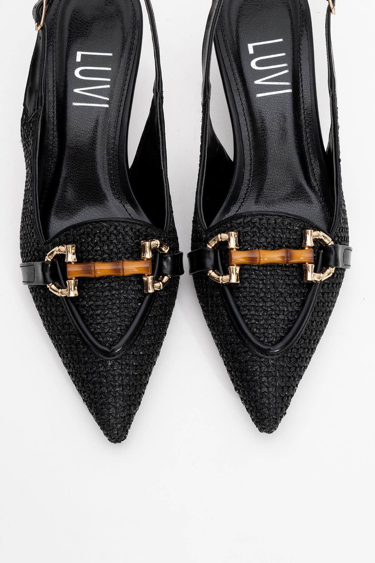 Osca - Black Pointed Toe Buckled Slingback Stiletto Pump – top view showing leather, black, SimmiUnique