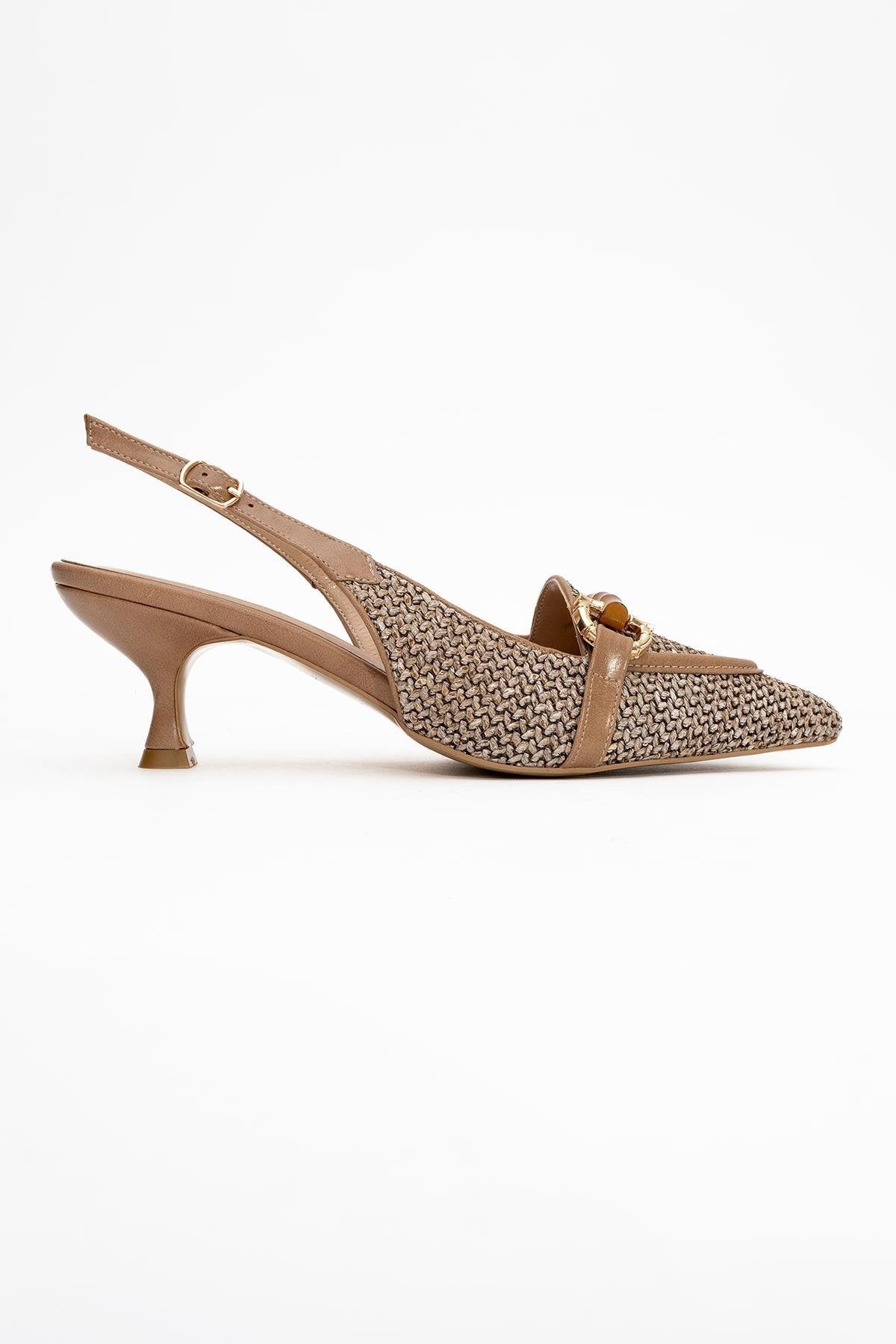 Osca - Dark Beige Raffia Buckle Pointed Toe High Heel – top view showing leather, red, SimmiUnique