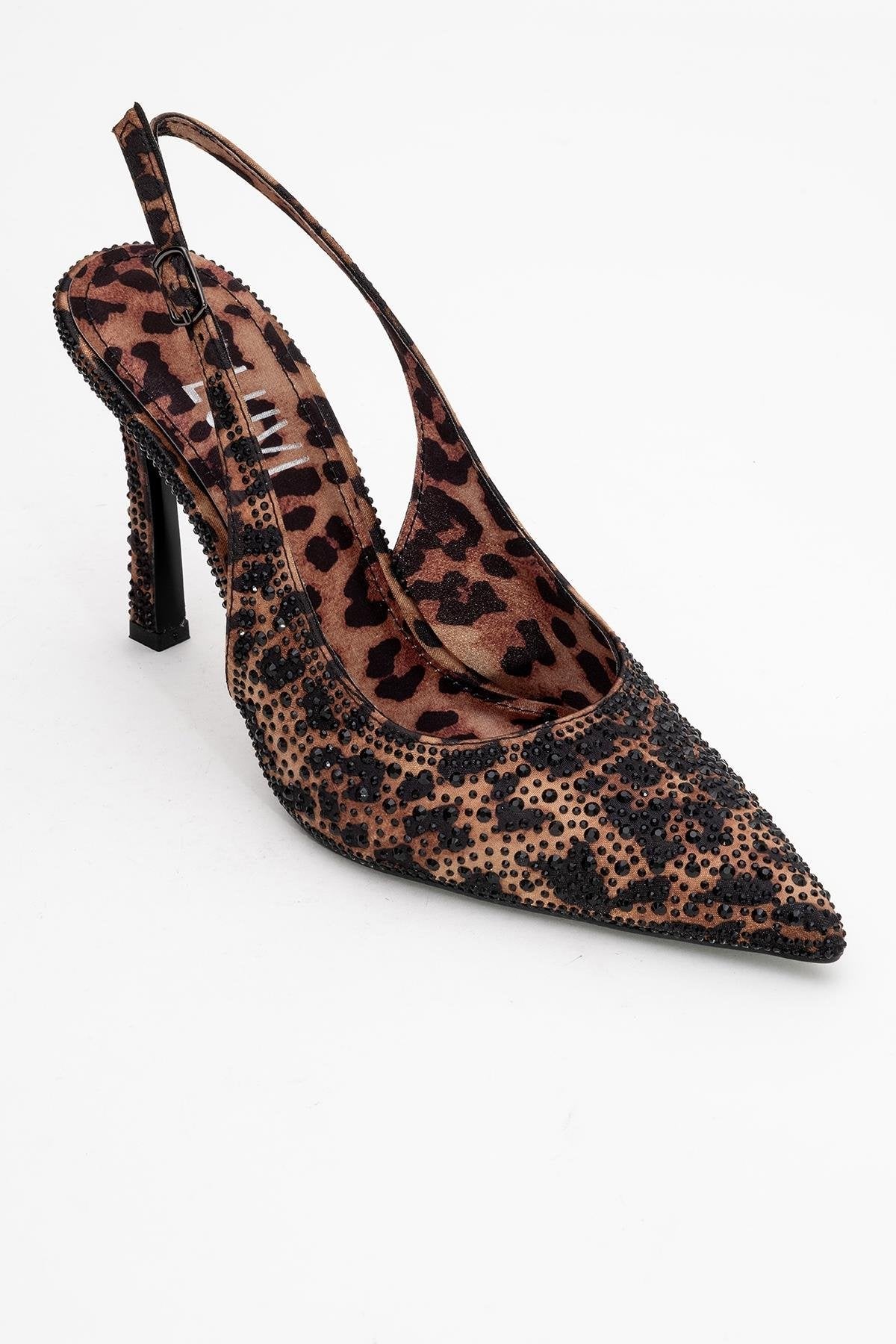 Roya - Black/Yellow Printed Satin Jeweled Pointed Toe Stiletto – detail view showing satin, black, SimmiUnique