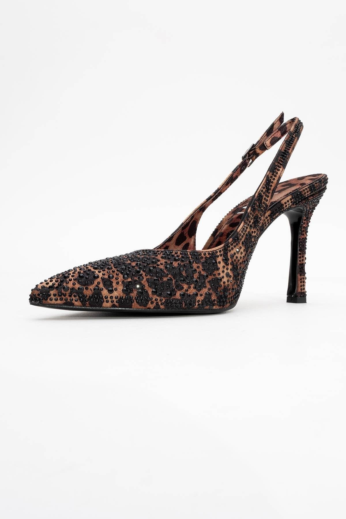 Roya - Black/Yellow Printed Satin Jeweled Pointed Toe Stiletto – heel view showing satin, black, SimmiUnique