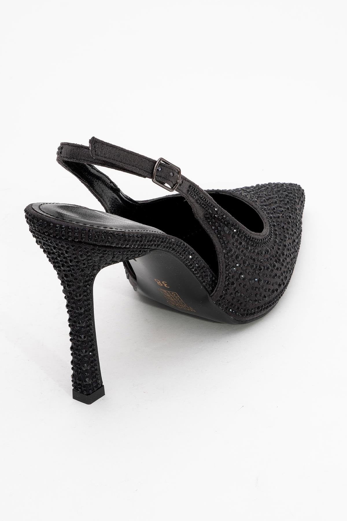 Roya - Black Jeweled Pointed Toe Stiletto – back view showing leather, black, SimmiUnique