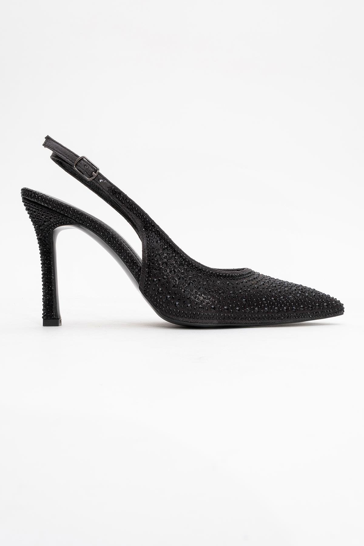 Roya - Black Jeweled Pointed Toe Stiletto – top view showing leather, black, SimmiUnique