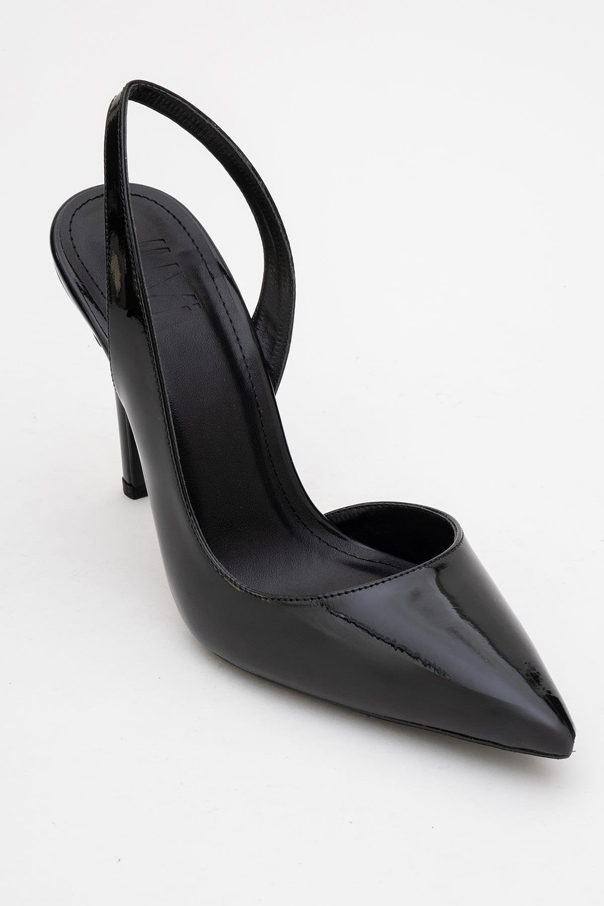 Twine - Black Patent Heeled Shoe – detail view showing leather, black, SimmiUnique