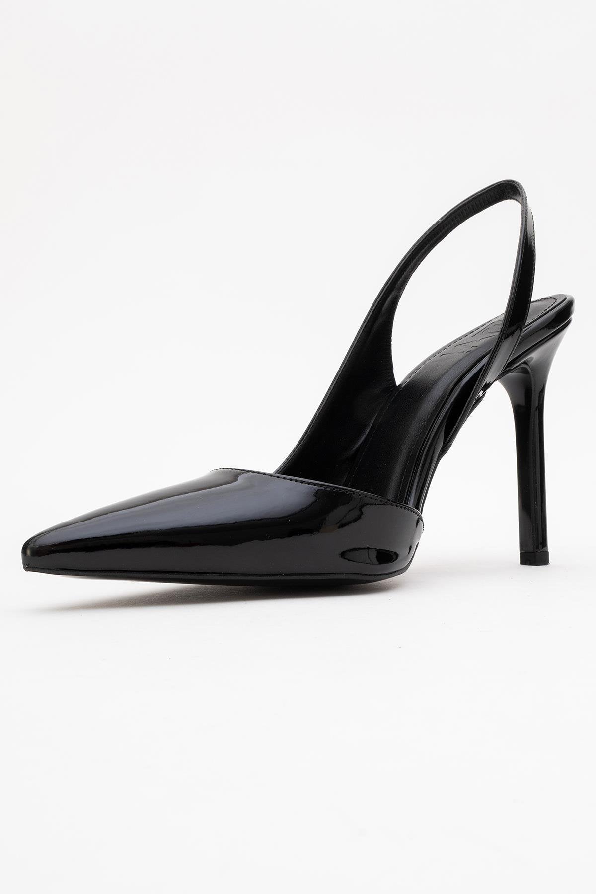 Twine - Black Patent Heeled Shoe – heel view showing leather, black, SimmiUnique