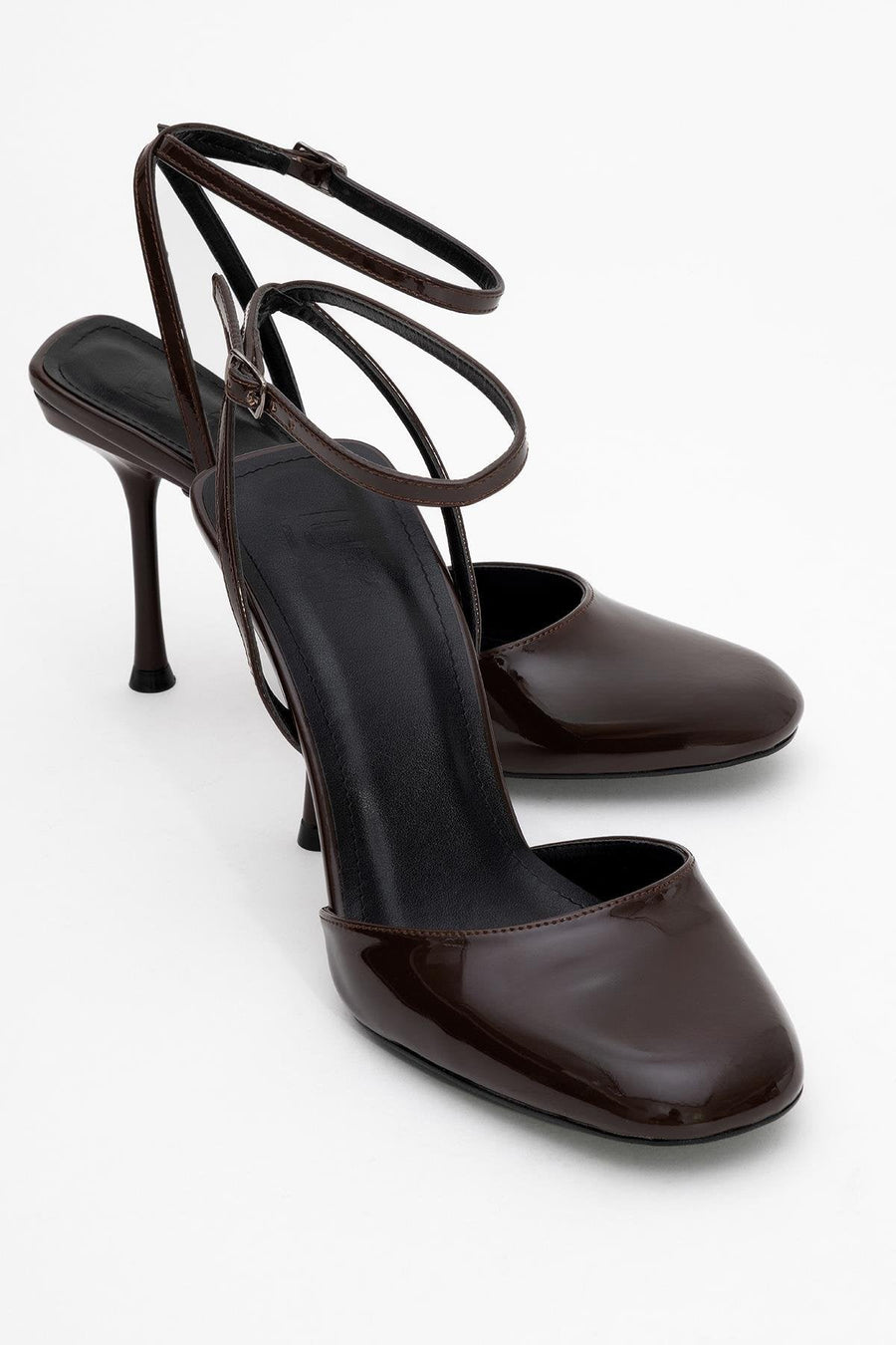 Blues - Brown Patent Round Toe Ankle-Tie High Heel