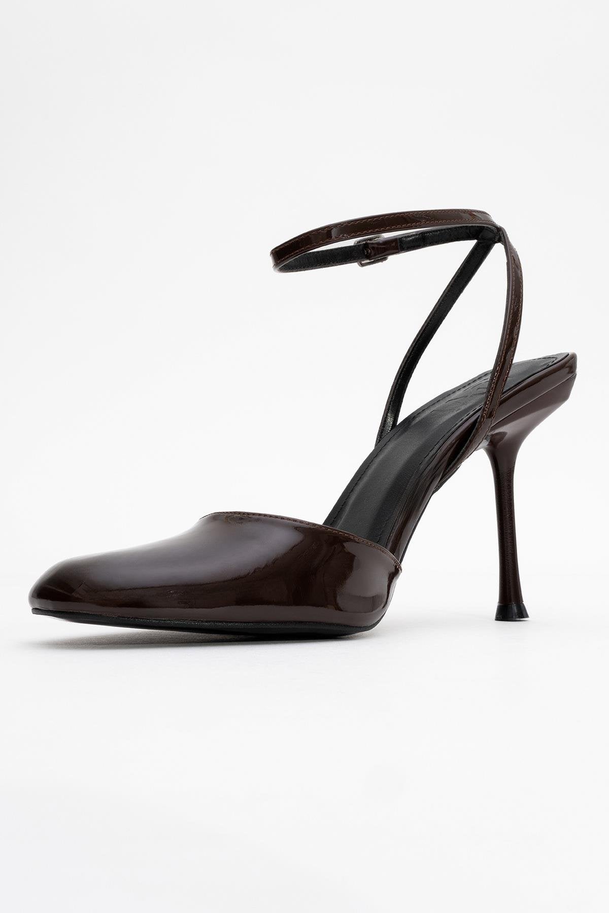Blues - Brown Patent Round Toe Ankle-Tie High Heel – heel view showing leather, blue, SimmiUnique