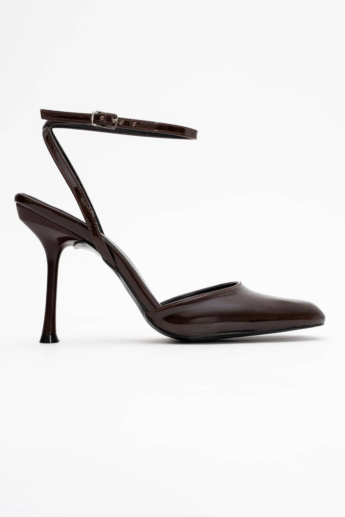 Blues - Brown Patent Round Toe Ankle-Tie High Heel – top view showing leather, blue, SimmiUnique