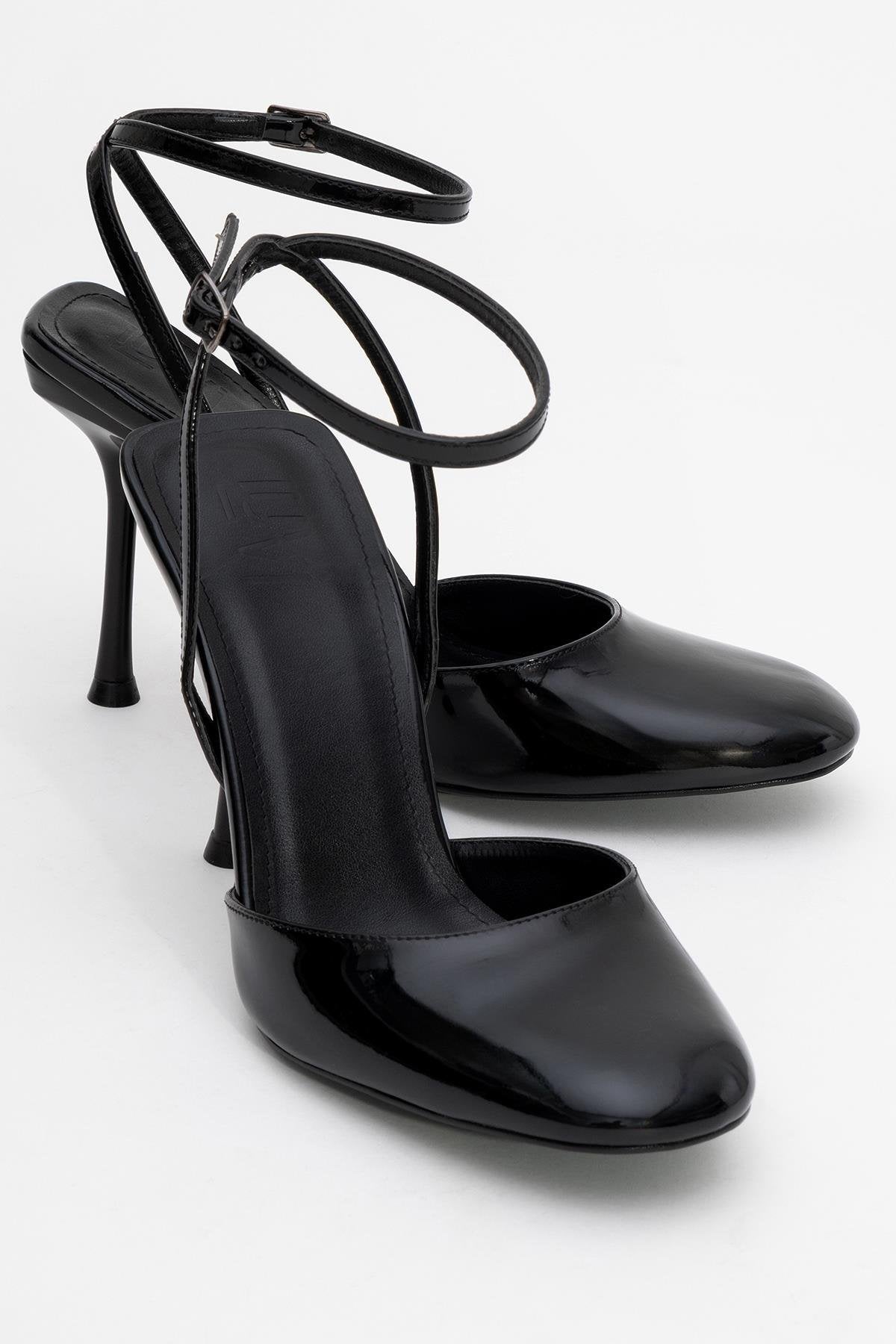 Blues - Black Patent Round Toe Ankle-Tie High Heel – front three-quarter view showing leather, black, blue, SimmiUnique