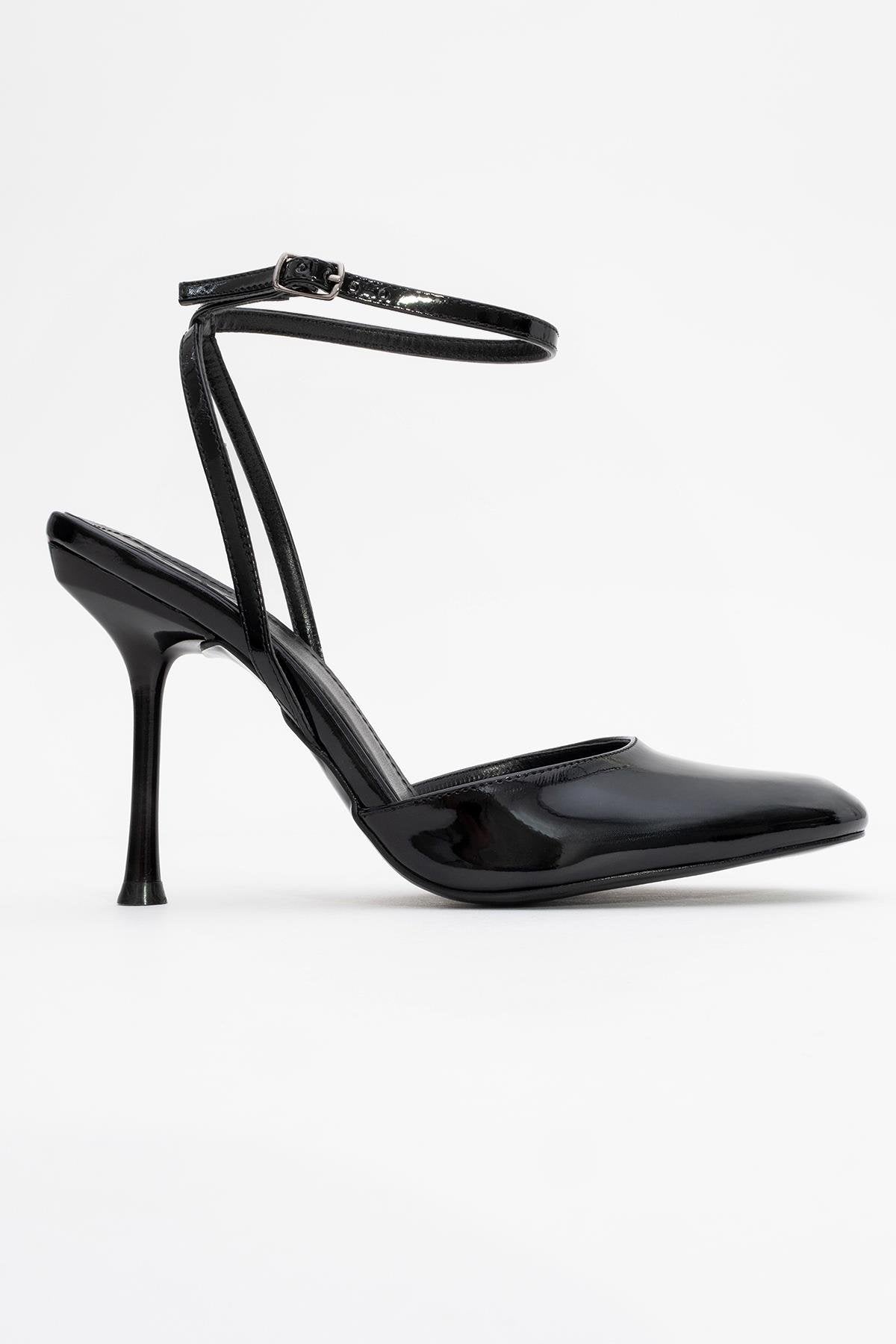 Blues - Black Patent Round Toe Ankle-Tie High Heel – top view showing leather, black, blue, SimmiUnique