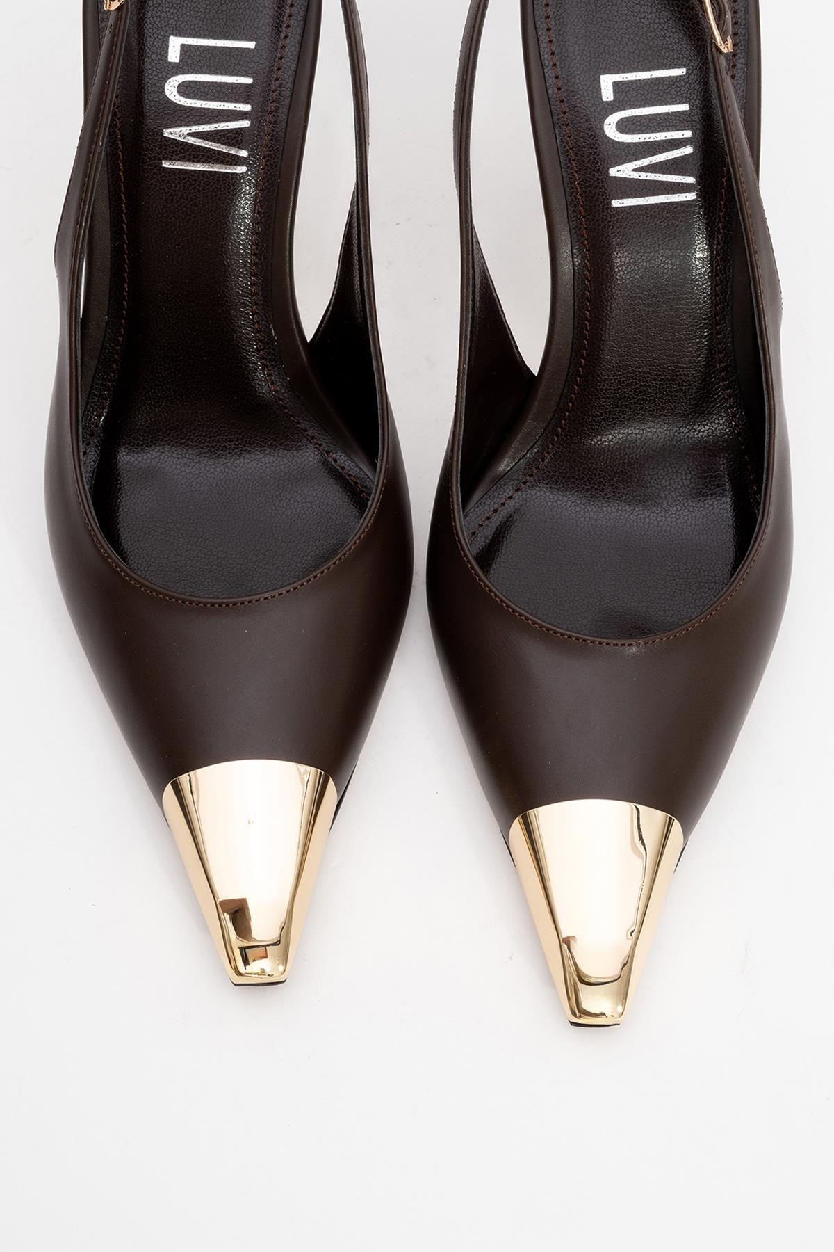 Flare - Brown Gold Detail Heeled Shoe – side view showing leather, metallic, gold, SimmiUnique