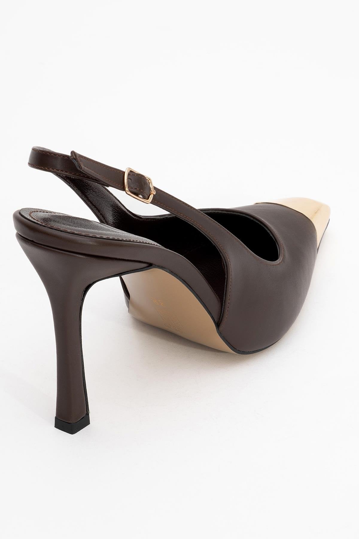 Flare - Brown Gold Detail Heeled Shoe – back view showing leather, metallic, gold, SimmiUnique