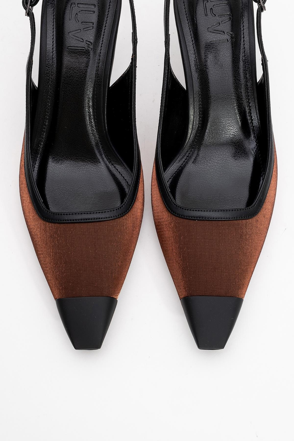 Alive - Copper Satin Matte Toe Detail Heeled Shoe – side view showing satin, leather, SimmiUnique