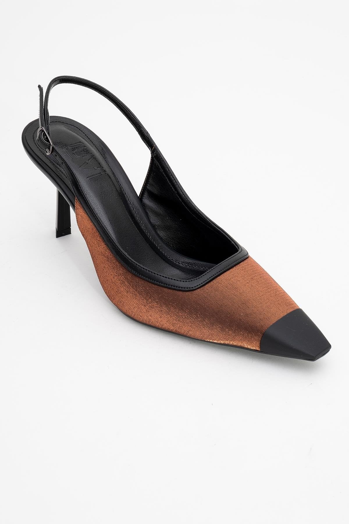 Alive - Copper Satin Matte Toe Detail Heeled Shoe – detail view showing satin, leather, SimmiUnique