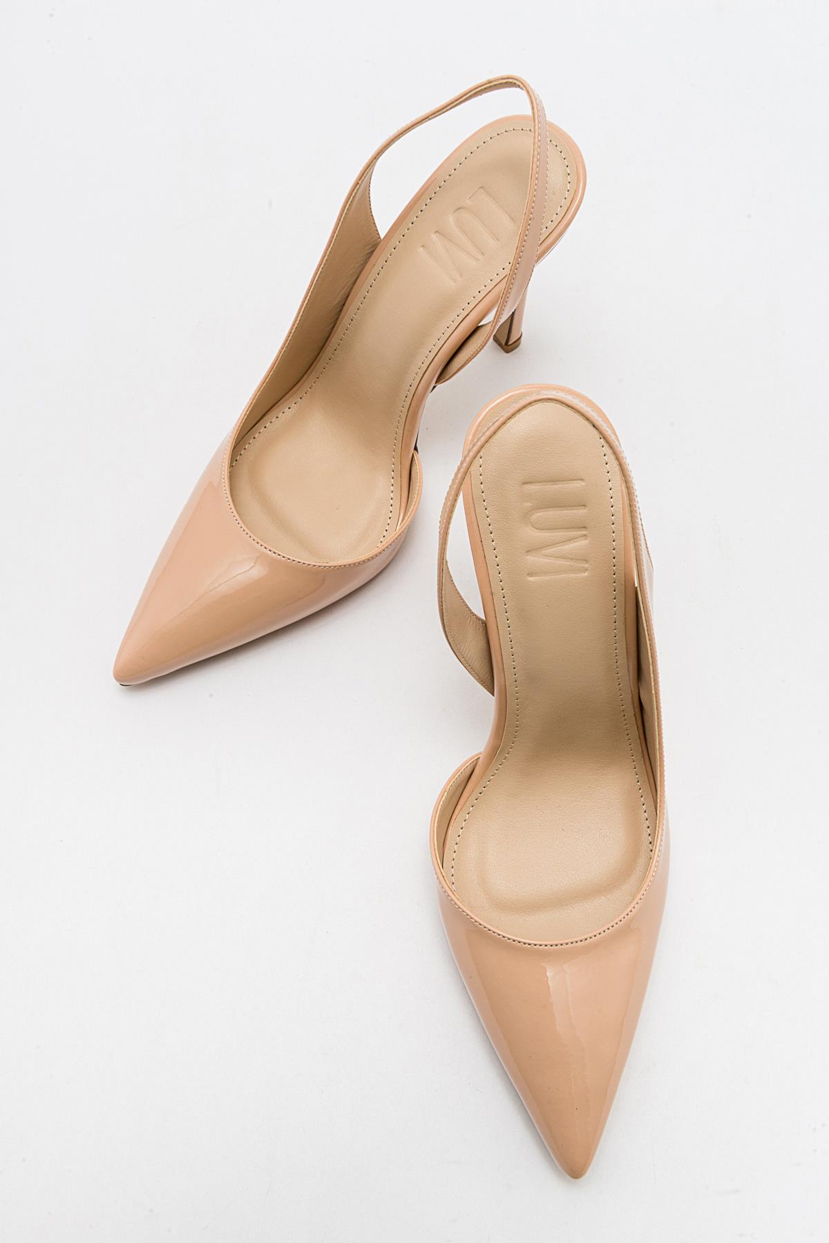 Twine - Beige Patent Heeled Shoe – side view showing leather, SimmiUnique