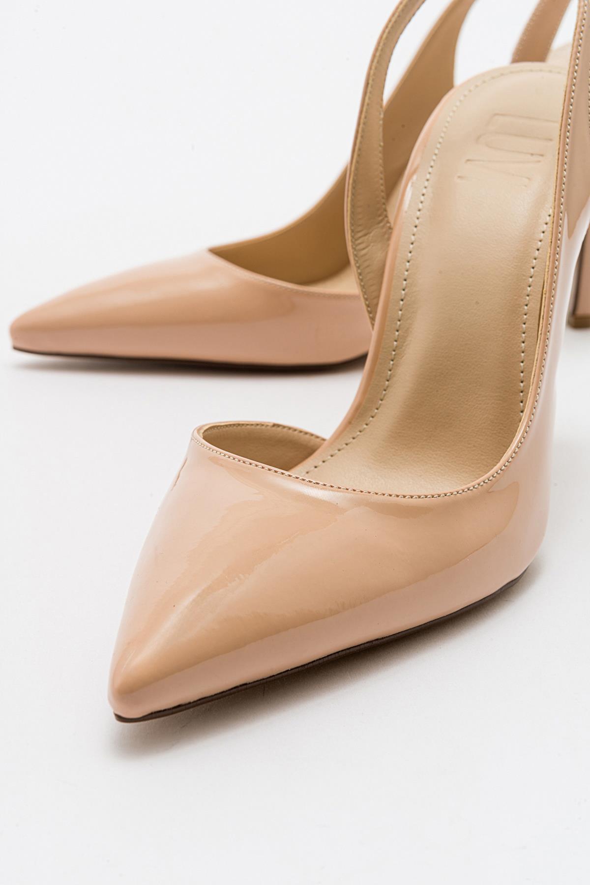 Twine - Beige Patent Heeled Shoe – detail view showing leather, SimmiUnique