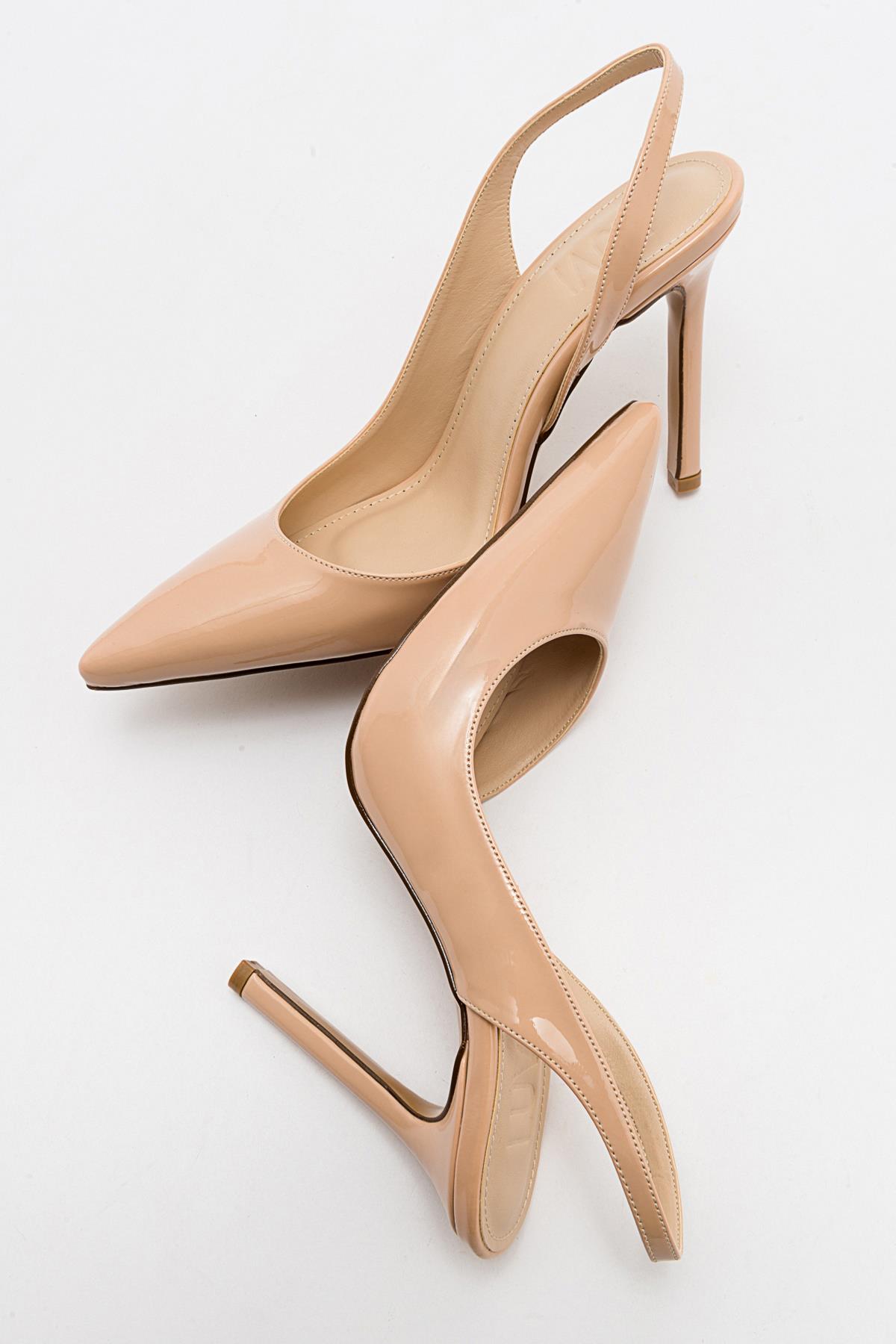 Twine - Beige Patent Heeled Shoe – back view showing leather, SimmiUnique
