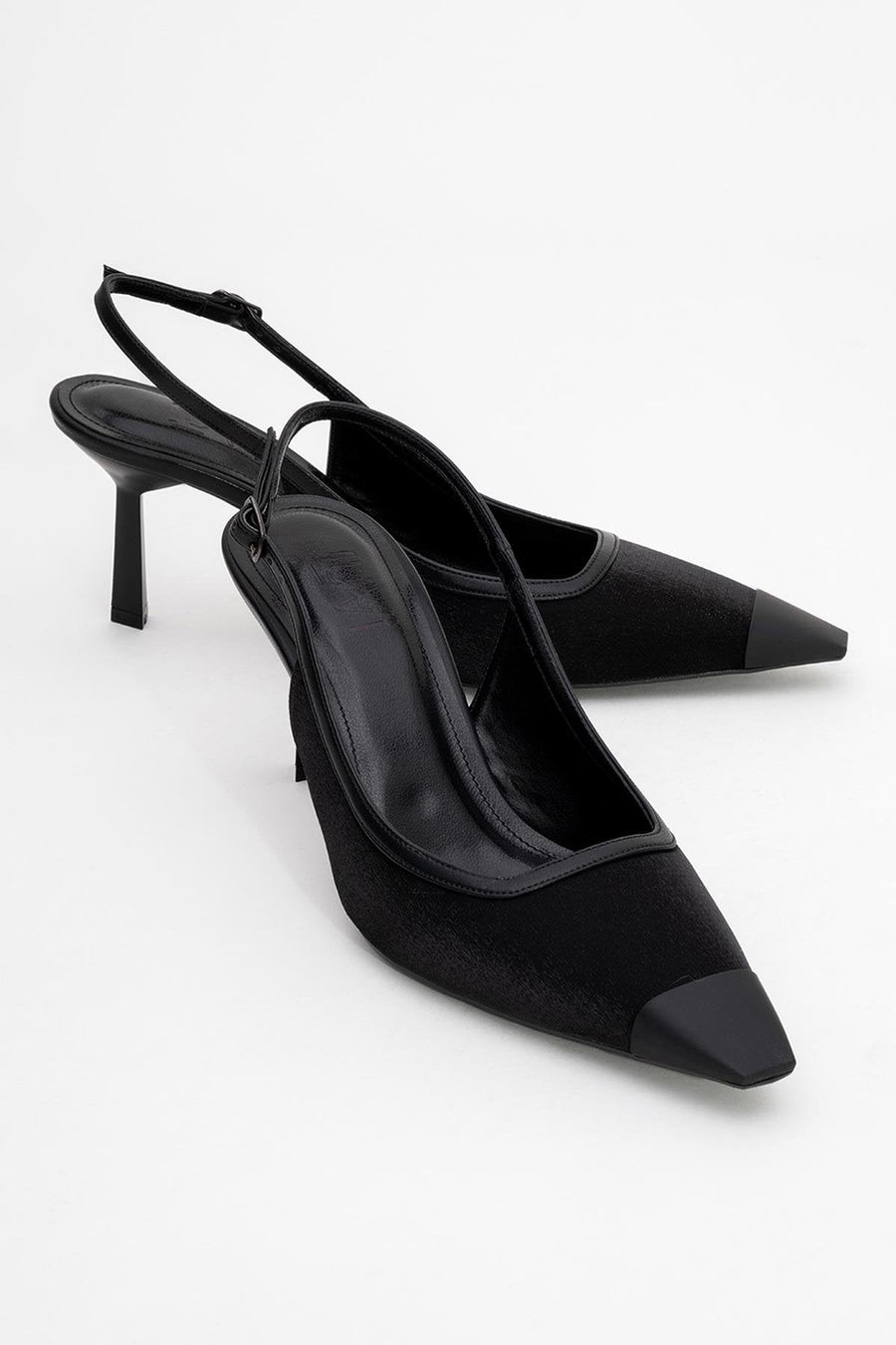 Alive - Black Satin Matte Toe Detail Heeled Shoe