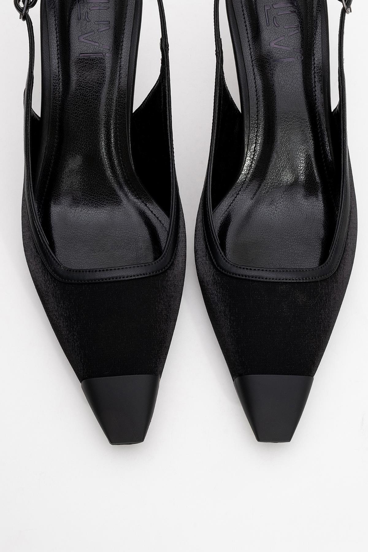 Alive - Black Satin Matte Toe Detail Heeled Shoe – side view showing satin, leather, black, SimmiUnique