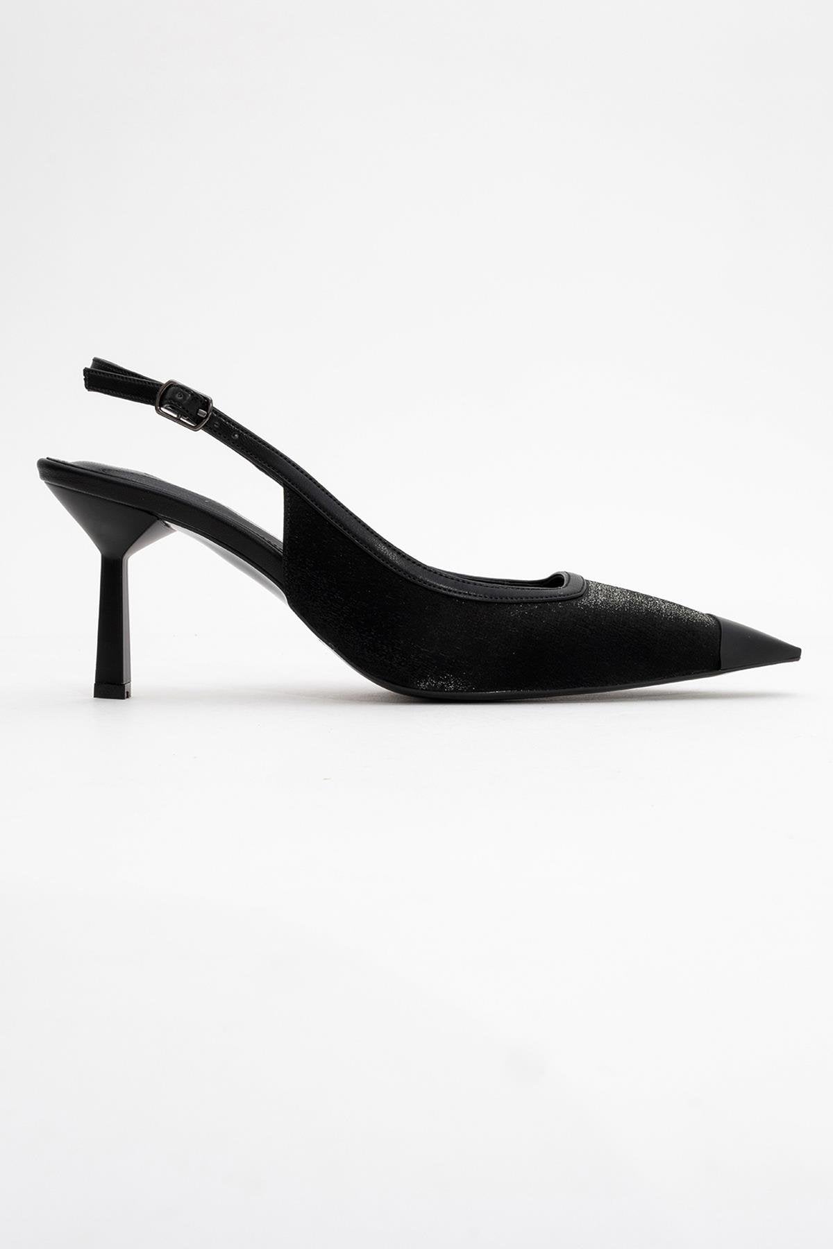 Alive - Black Satin Matte Toe Detail Heeled Shoe – top view showing satin, leather, black, SimmiUnique